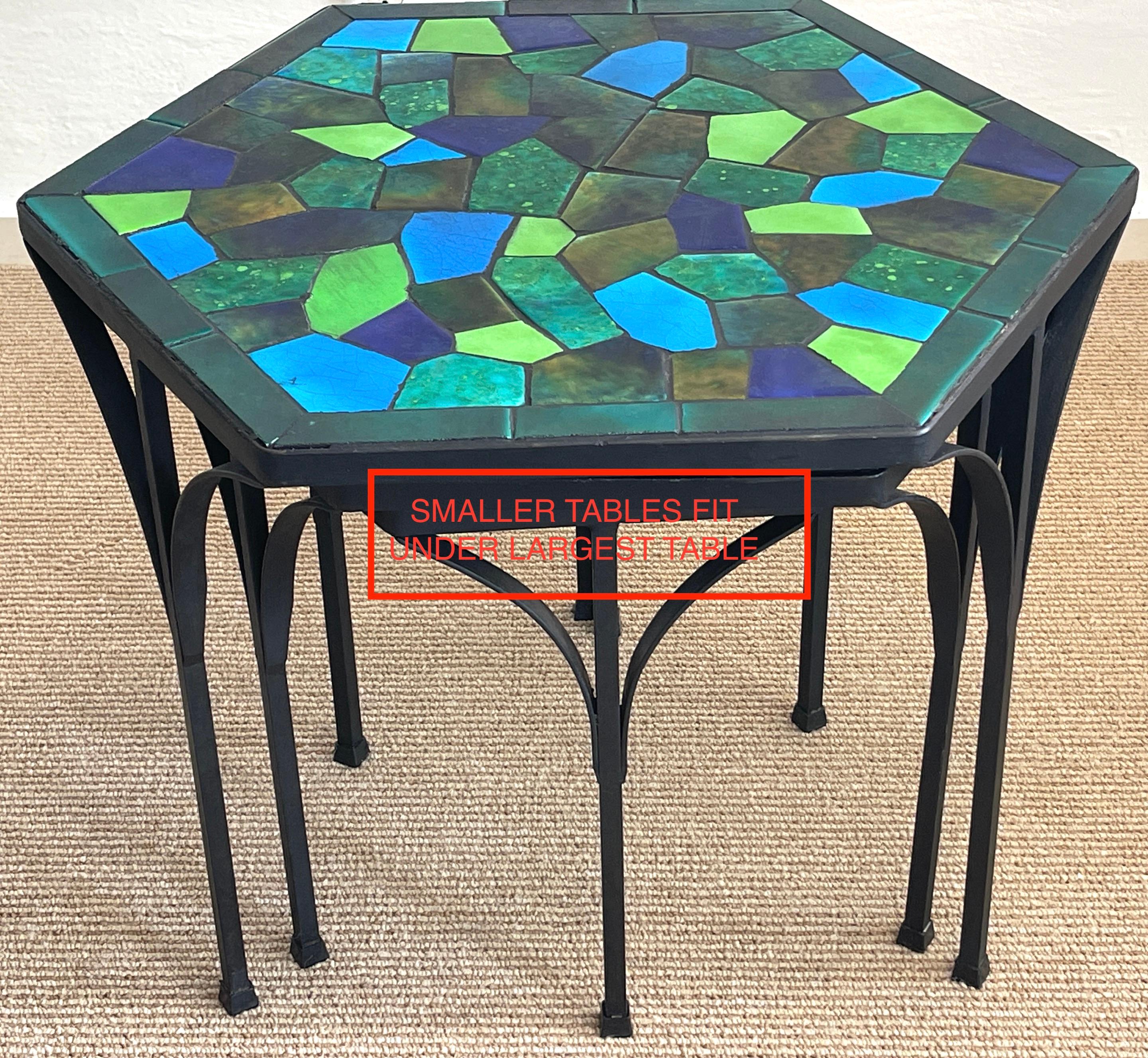 Three Graduating Wrought Iron & Ceramic Mosaic Tables by Jon Matin For Sale 3