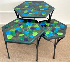 Three Graduating Wrought Iron & Ceramic Mosaic Tables by Jon Matin
