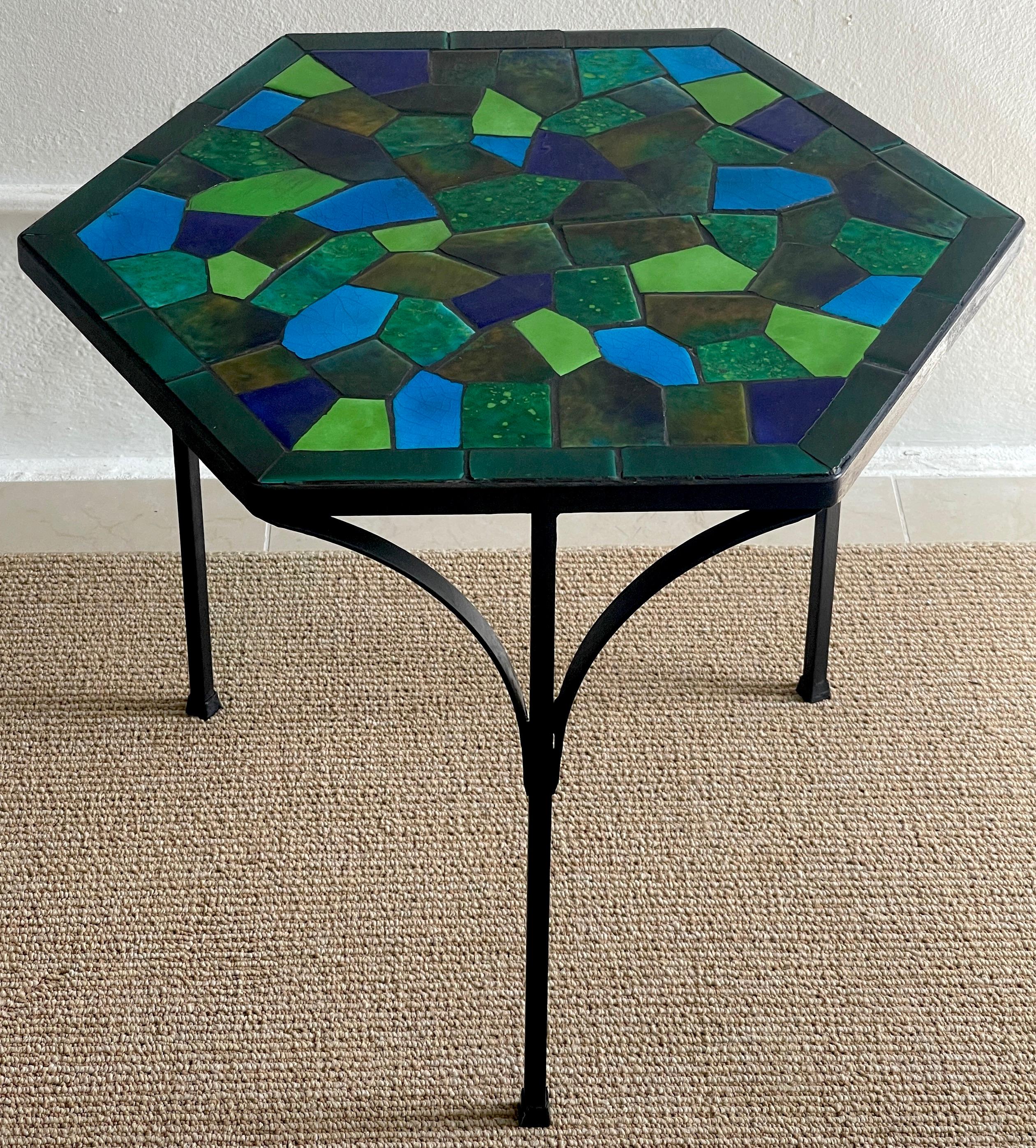 Mid-Century Modern Three Graduating Wrought Iron & Ceramic Mosaic Tables by Jon Matin