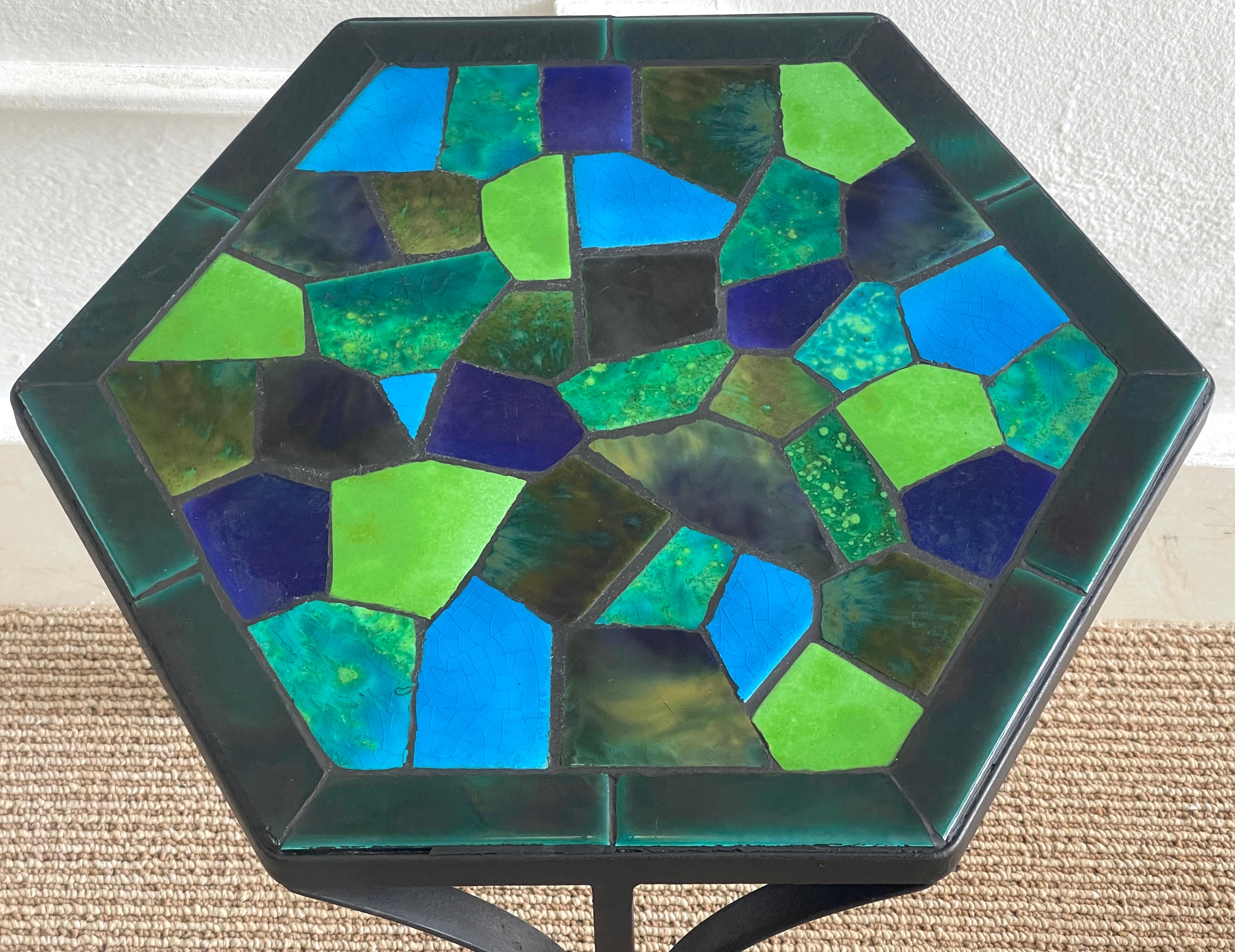 American Three Graduating Wrought Iron & Ceramic Mosaic Tables by Jon Matin For Sale