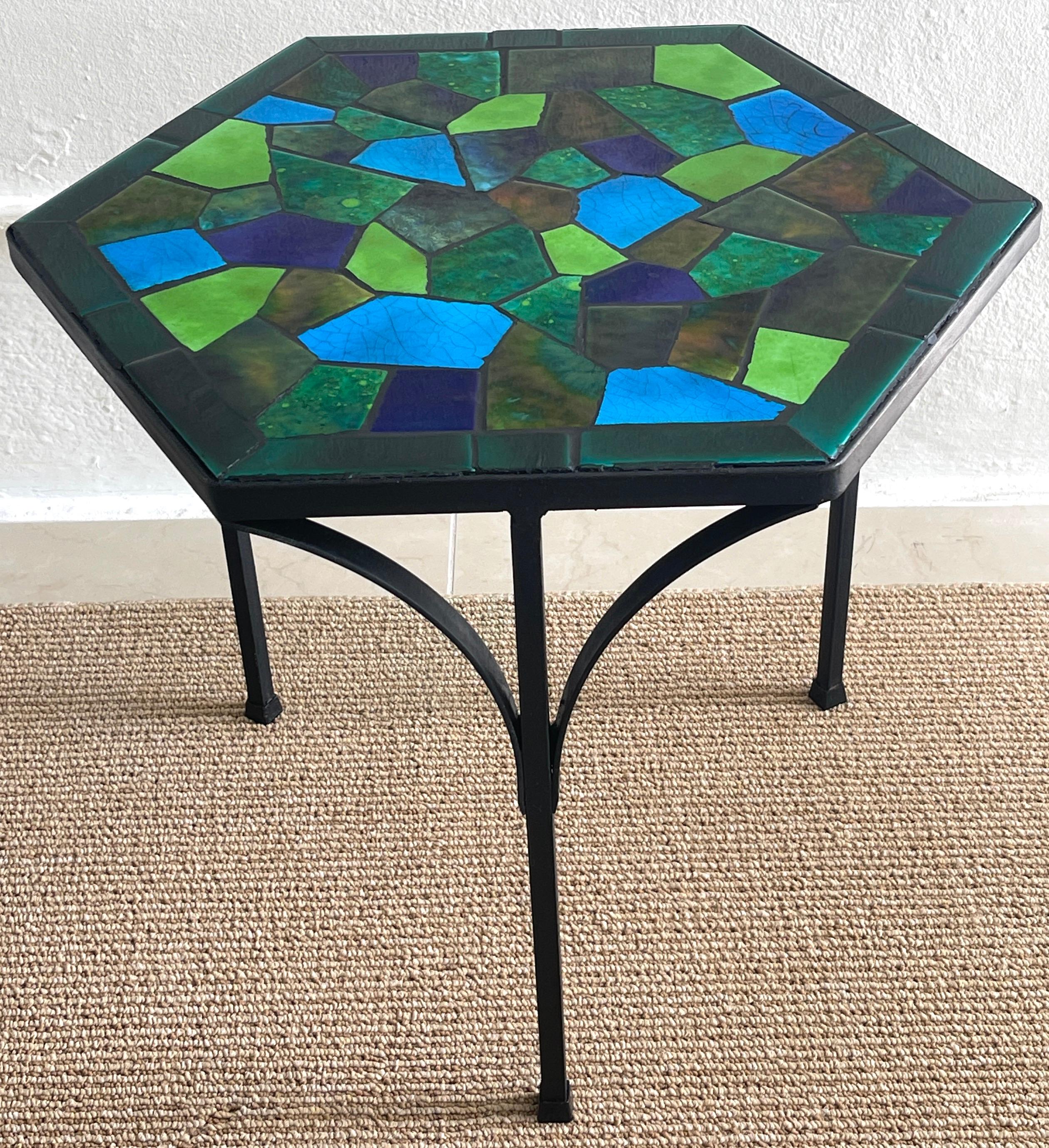 Blackened Three Graduating Wrought Iron & Ceramic Mosaic Tables by Jon Matin For Sale
