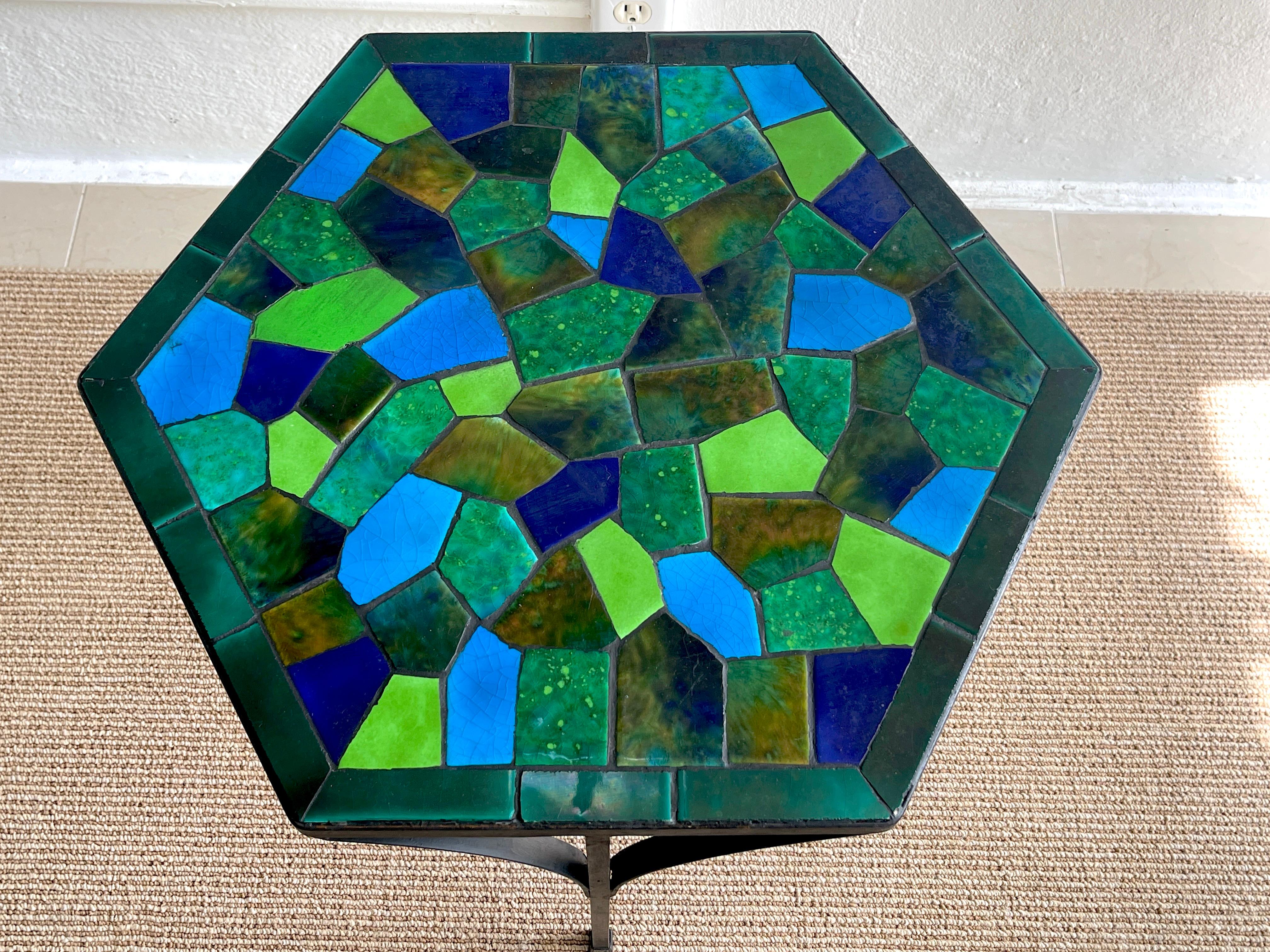 Three Graduating Wrought Iron & Ceramic Mosaic Tables by Jon Matin In Good Condition For Sale In West Palm Beach, FL