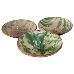 Three Green and Cream Color Majolica Strainer Bowls