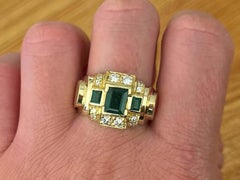 Three Green Emeralds and Brilliant Cut Diamond Mens Ring 14k Yellow Gold