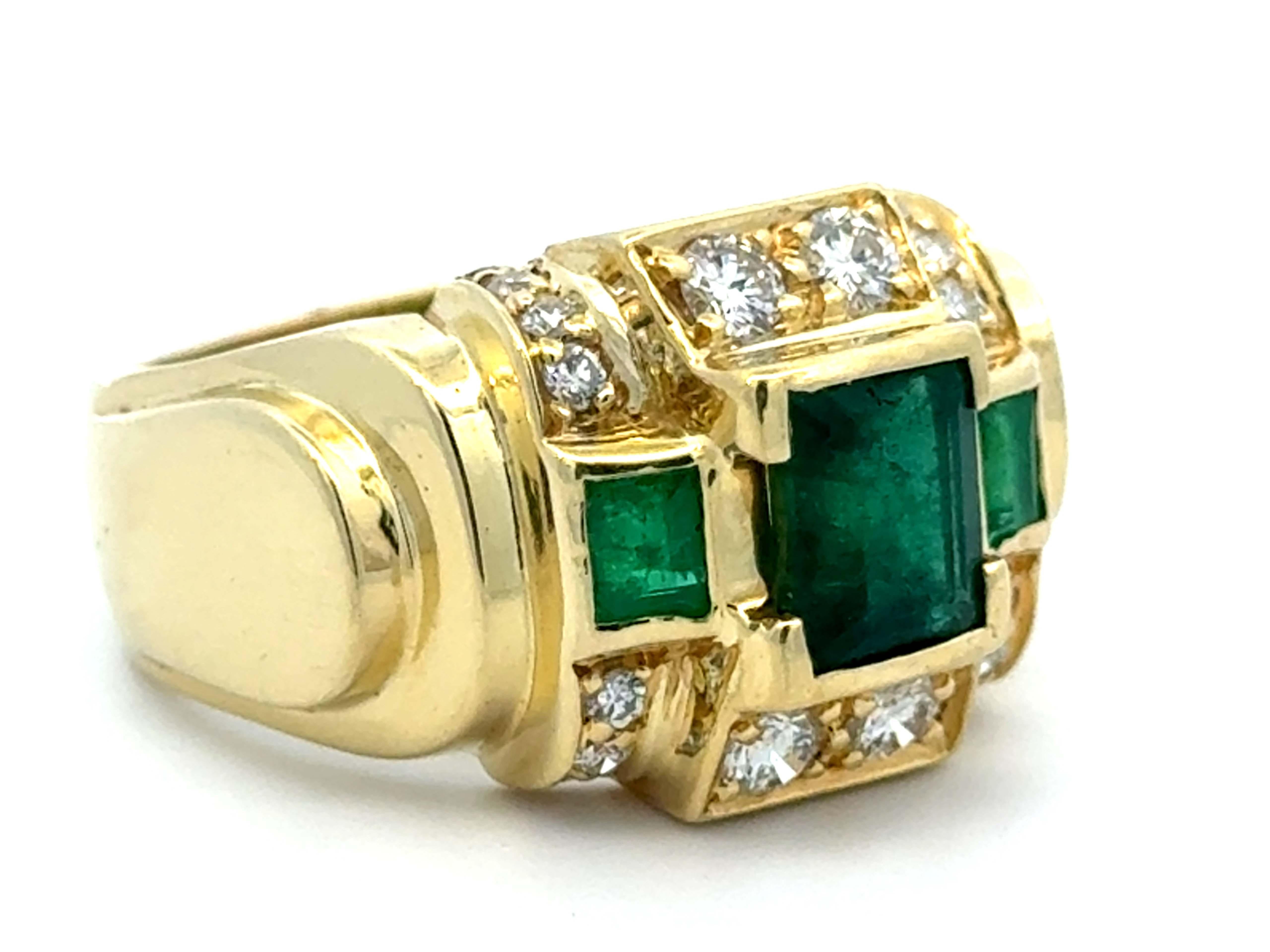 Emerald Cut Three Green Emeralds and Brilliant Cut Diamond Mens Ring 14k Yellow Gold For Sale