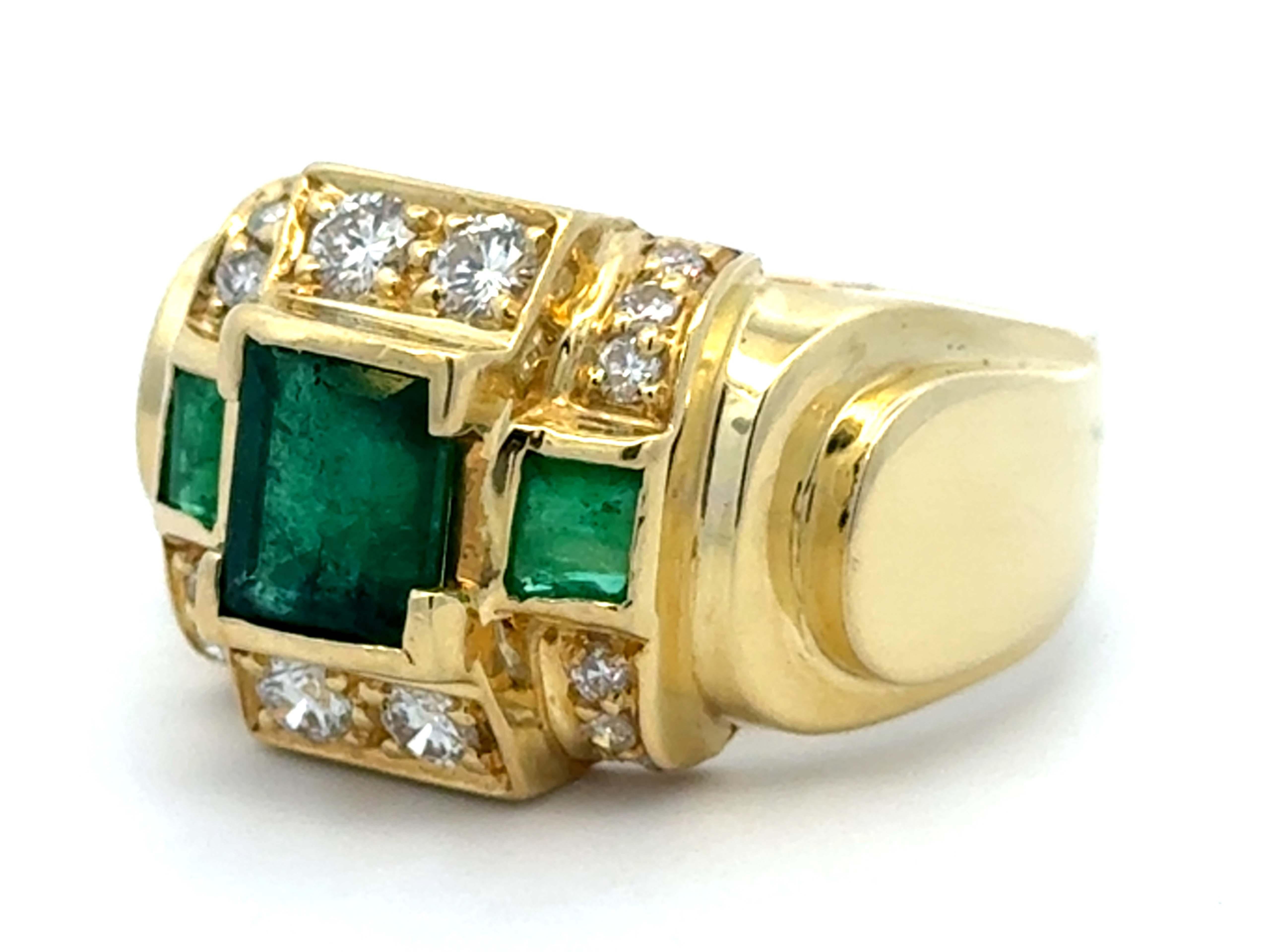 Three Green Emeralds and Brilliant Cut Diamond Mens Ring 14k Yellow Gold In Excellent Condition For Sale In Honolulu, HI