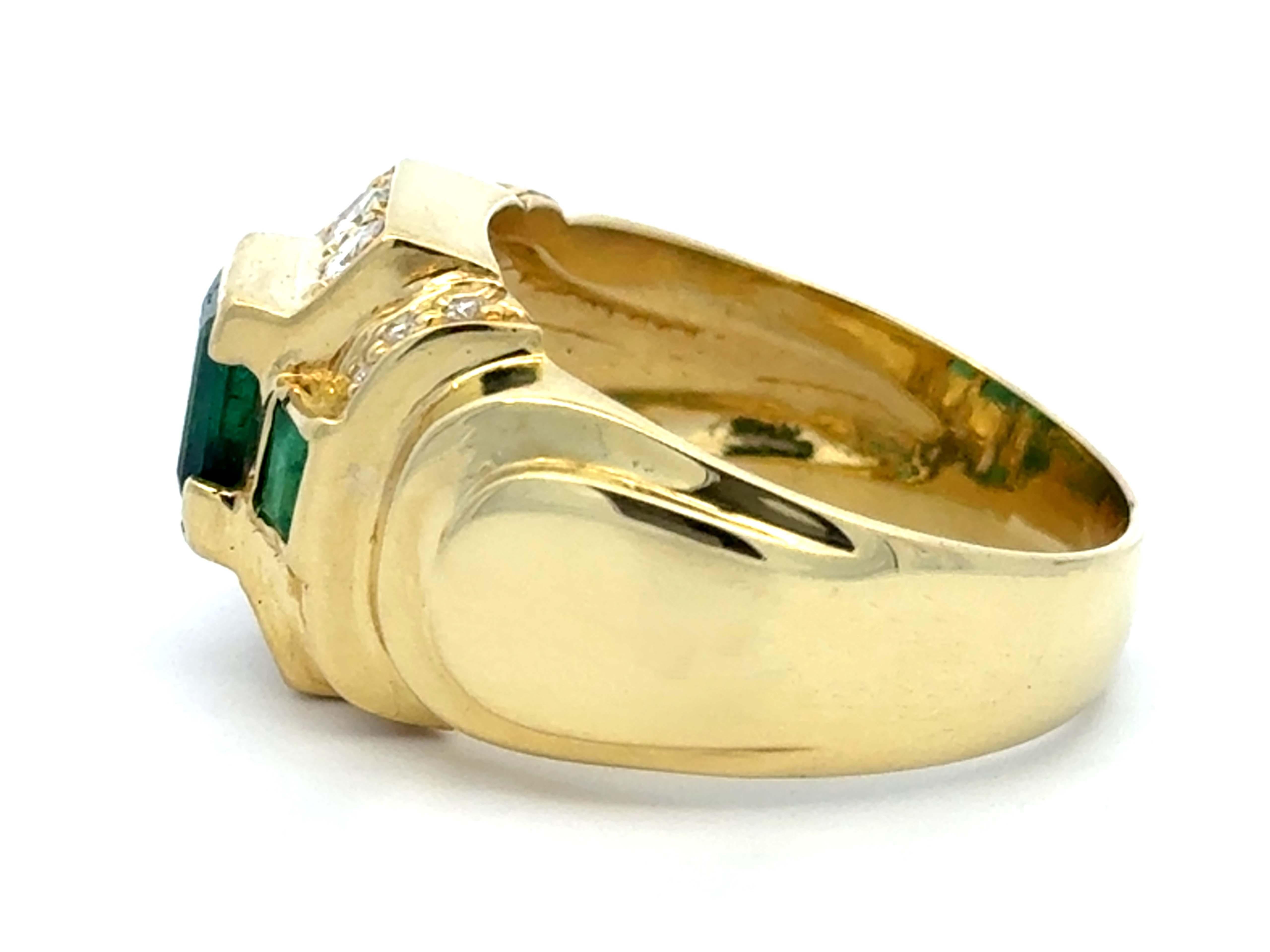 Women's or Men's Three Green Emeralds and Brilliant Cut Diamond Mens Ring 14k Yellow Gold For Sale