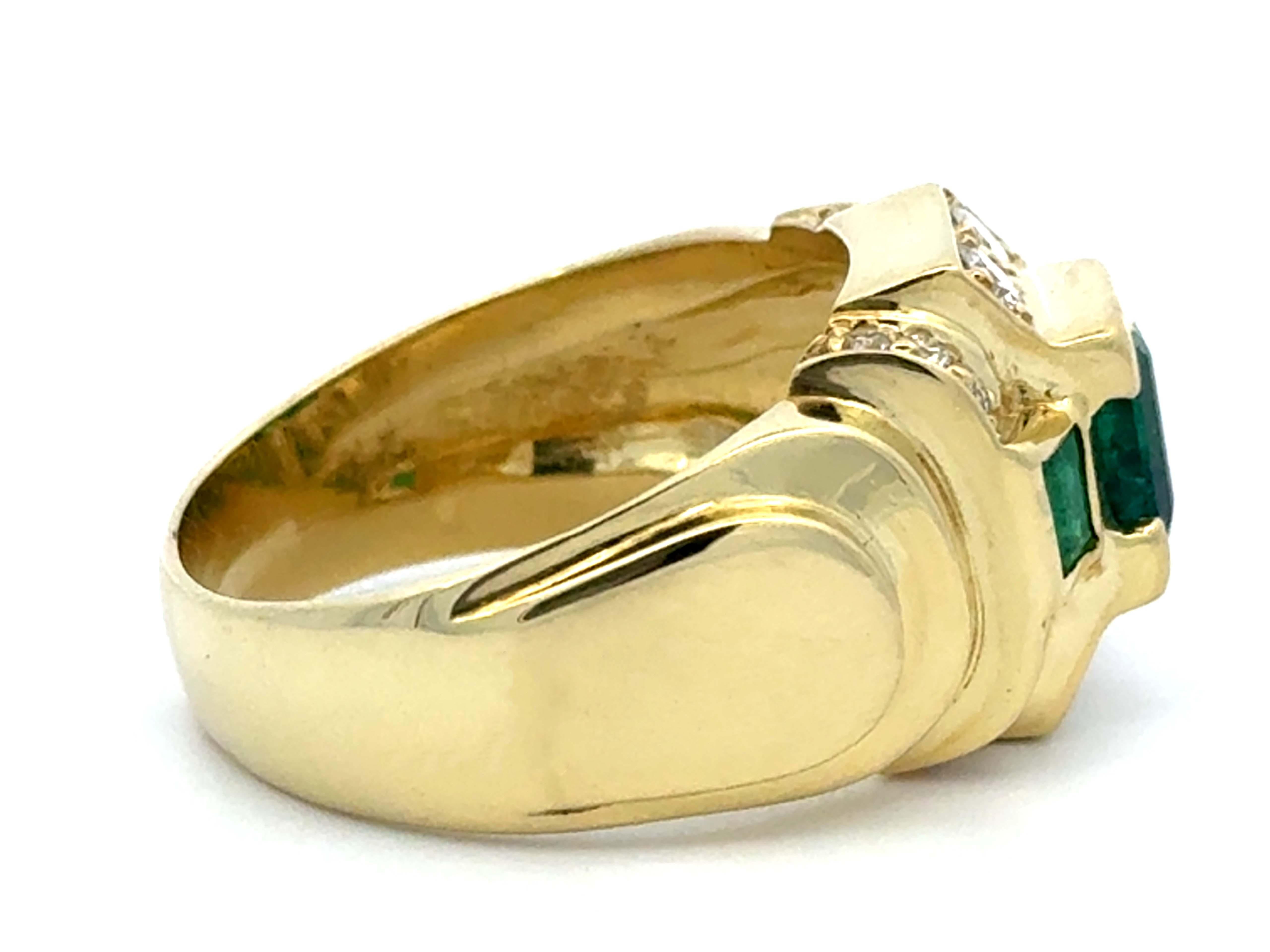 Three Green Emeralds and Brilliant Cut Diamond Mens Ring 14k Yellow Gold For Sale 1