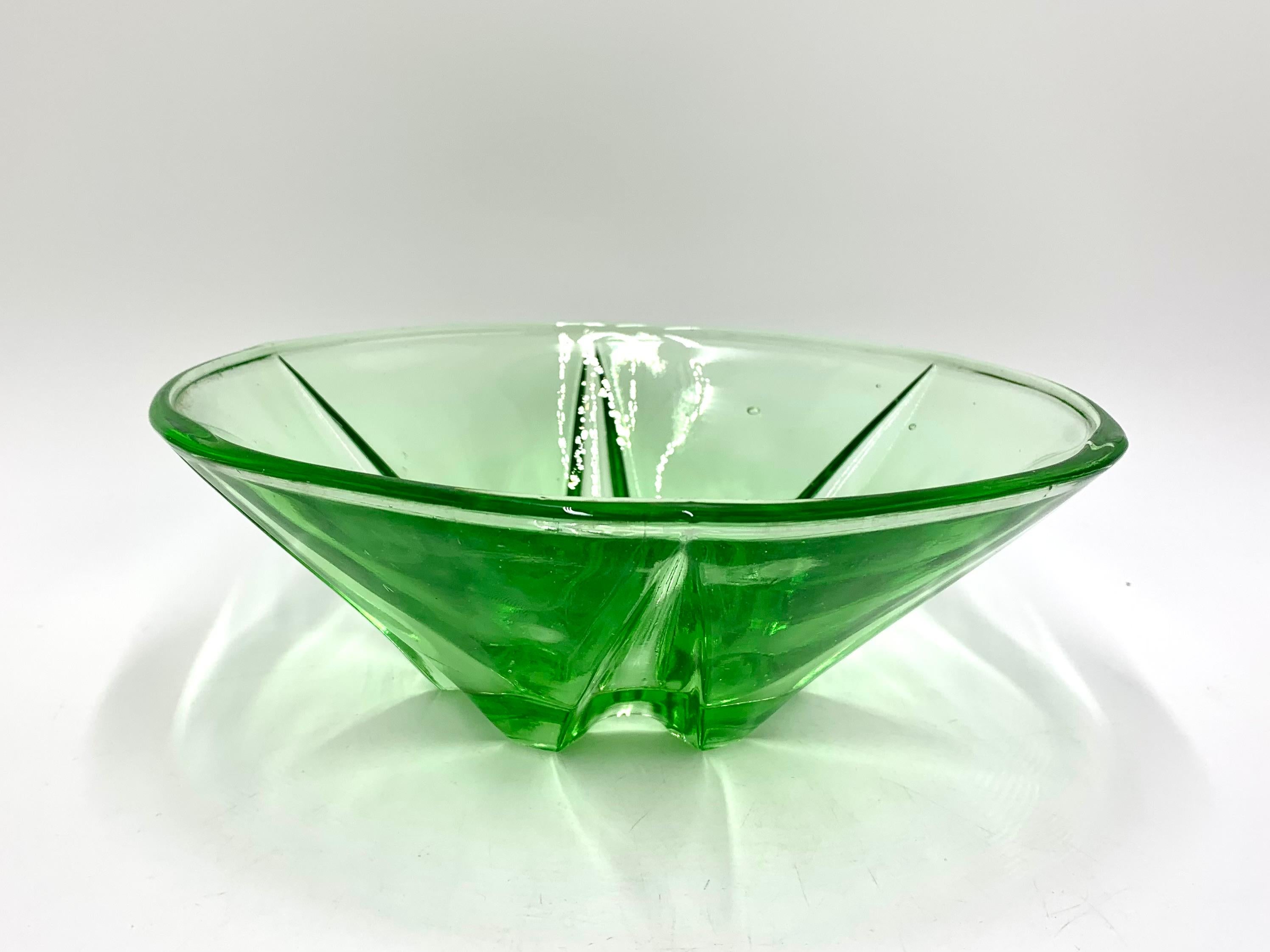 Art Deco Three Green Glass Bowls, Poland, 1960s For Sale