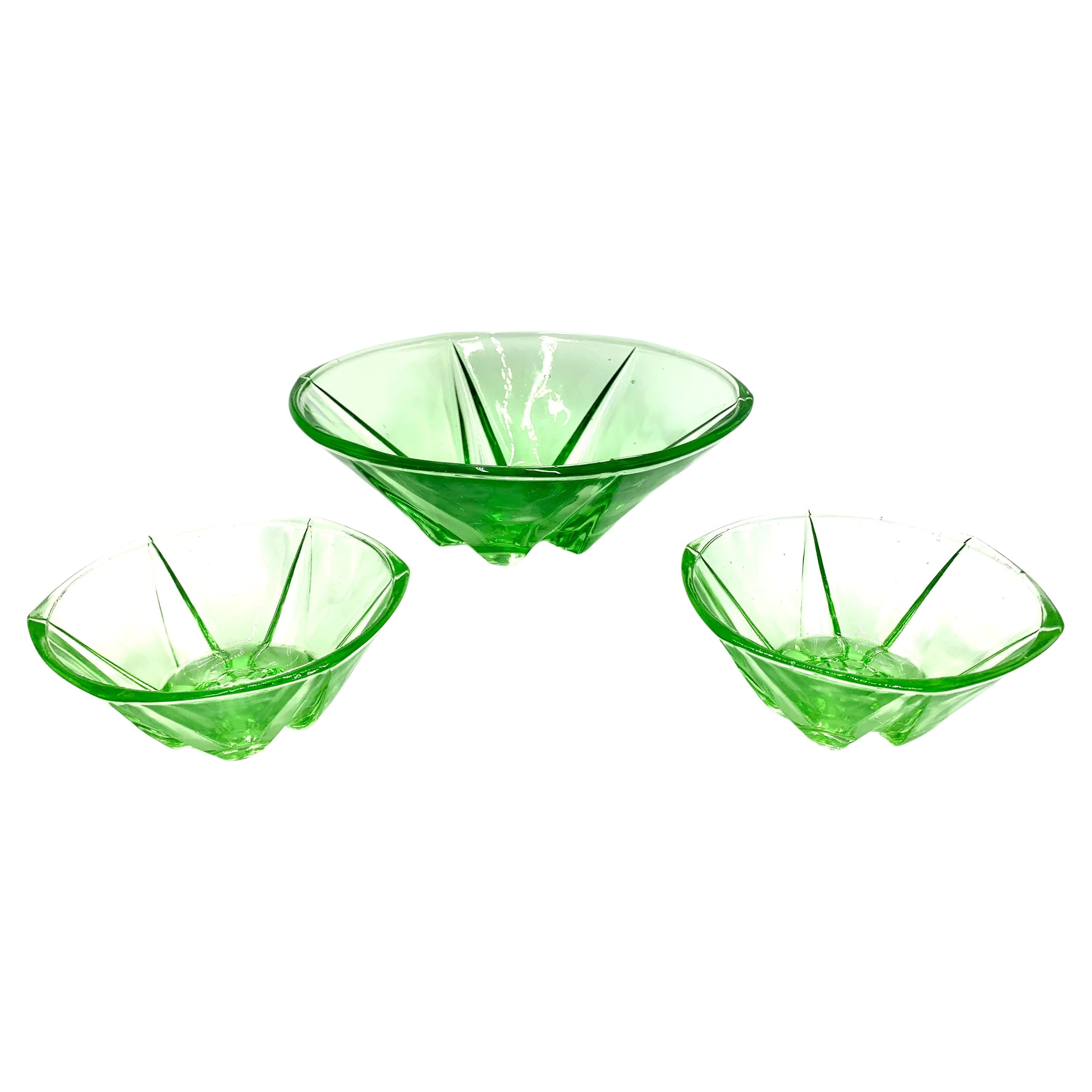 Three Green Glass Bowls, Poland, 1960s