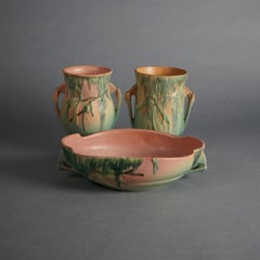 Three Green & Pink Roseville Art Pottery Items with Moss Pattern Mid 20thC