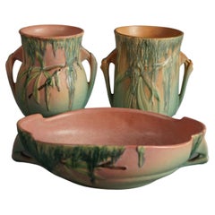 Vintage Three Green & Pink Roseville Art Pottery Items with Moss Pattern Mid 20thC