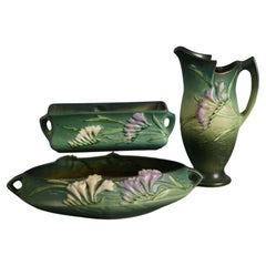 Three Green Roseville Art Pottery Items with Freesia Pattern Mid 20thC
