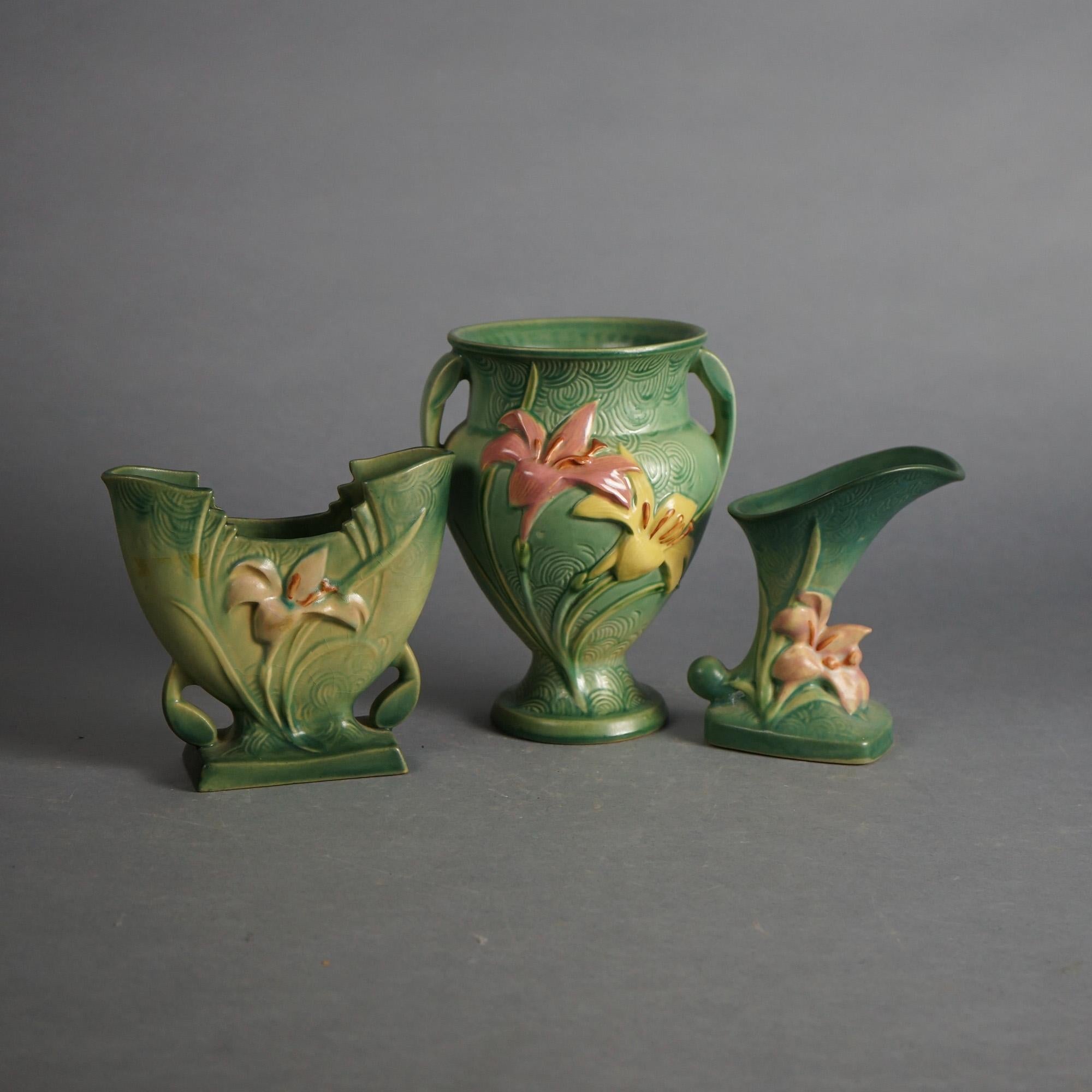 Three Green Roseville Art Pottery Items with Zephyr Lily Pattern Mid 20thC

Measures - 8.5