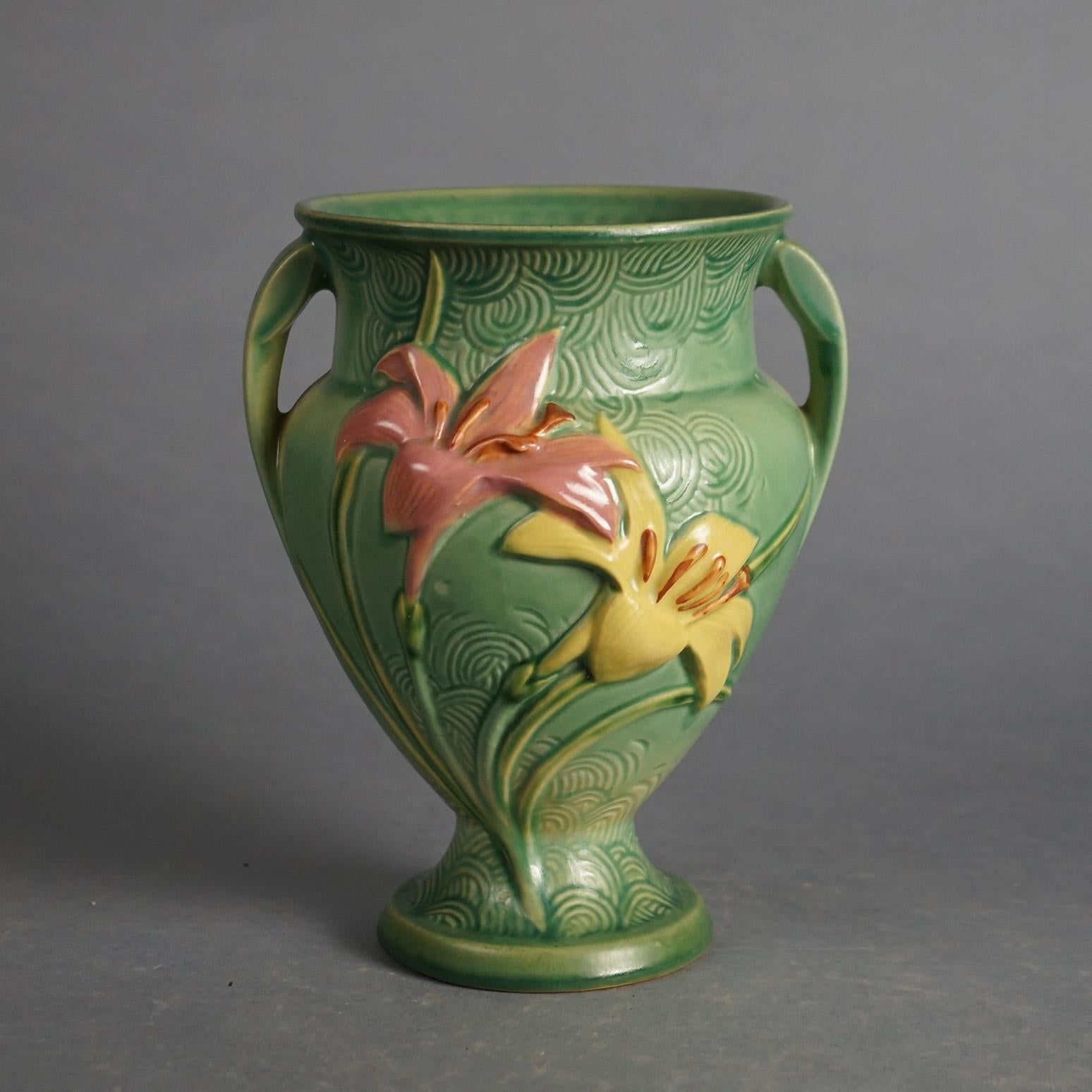 Arts and Crafts Three Green Roseville Art Pottery Items with Zephyr Lily Pattern Mid 20thC