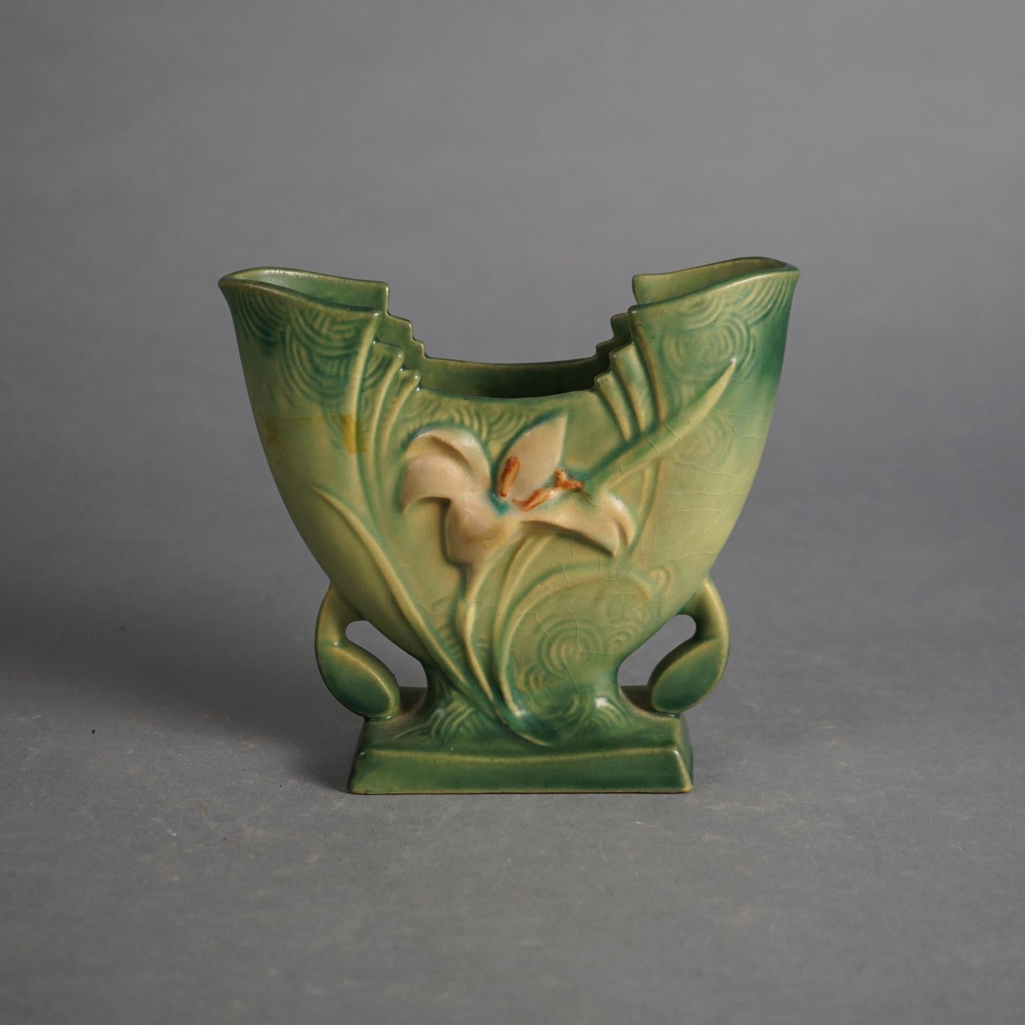 Three Green Roseville Art Pottery Items with Zephyr Lily Pattern Mid 20thC In Good Condition In Big Flats, NY