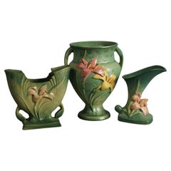 Three Green Roseville Art Pottery Items with Zephyr Lily Pattern Mid 20thC