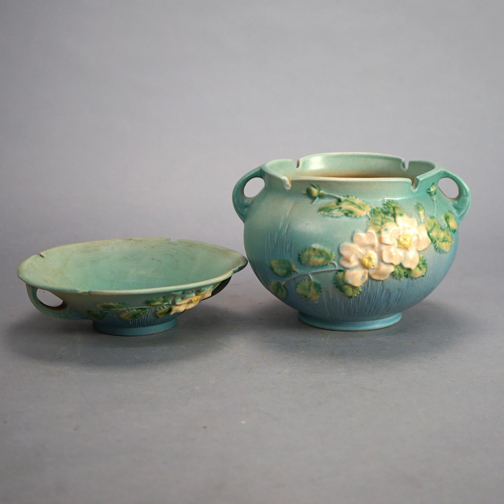 Arts and Crafts Three Green Roseville Art Pottery with Peony Pattern Mid 20thC