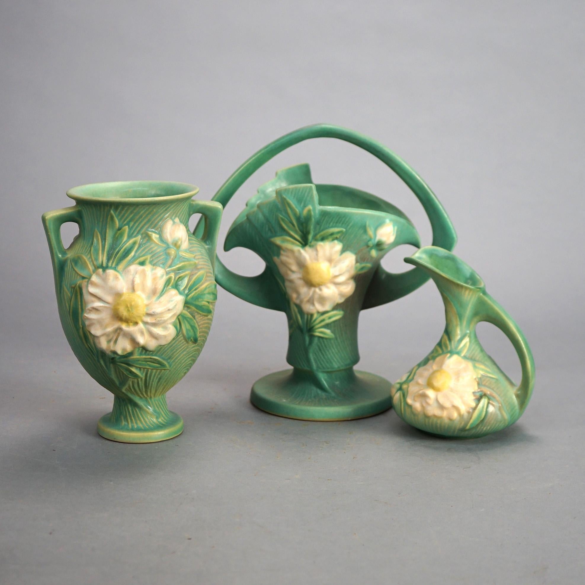 Three Green Roseville Art Pottery with Peony Pattern Mid 20thC In Good Condition In Big Flats, NY