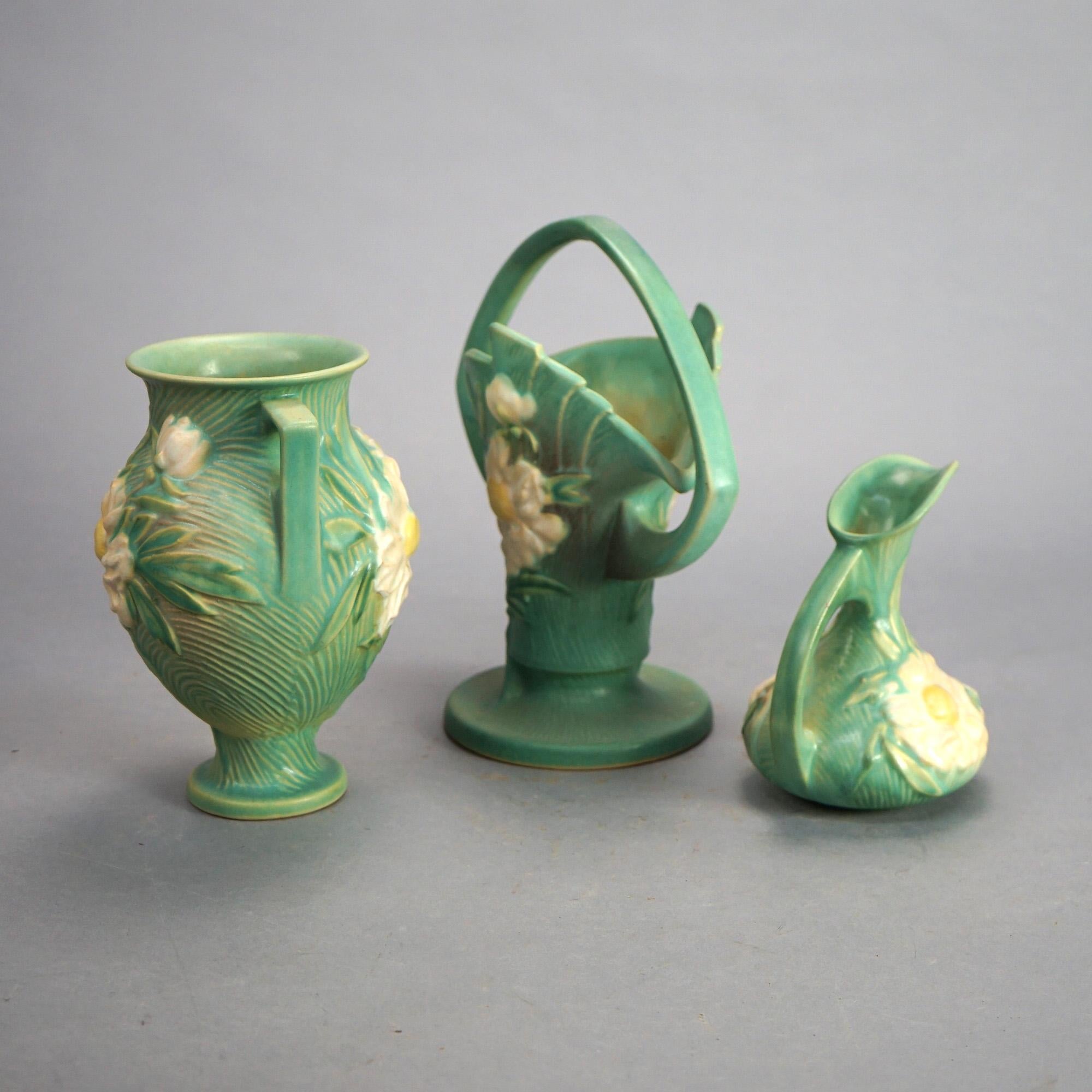 20th Century Three Green Roseville Art Pottery with Peony Pattern Mid 20thC