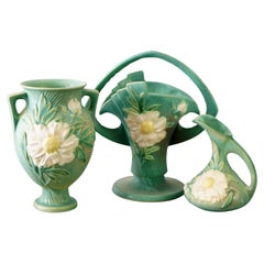 Three Green Roseville Art Pottery with Peony Pattern Mid 20thC