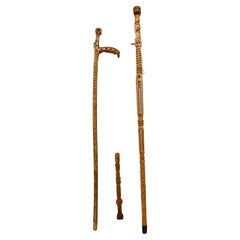 Used Three Hand Carved Folk Art Canes / Sticks by Joseph Deveau, Circa 1950s