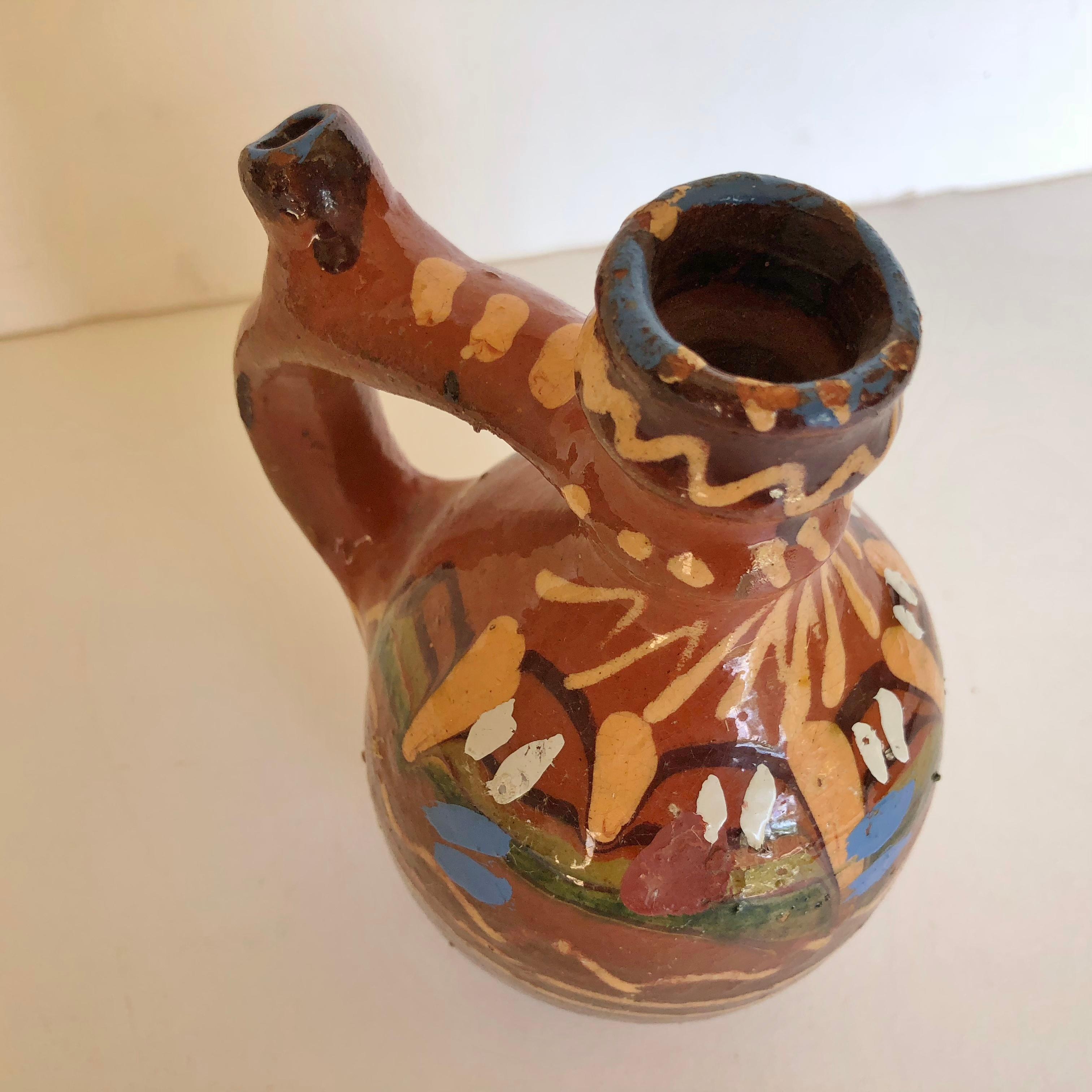 Group of Three Terracotta Pottery Folk Art Carafes from Transylvania, Serbia In Good Condition For Sale In Glen Ellyn, IL