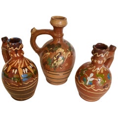 Retro Group of Three Terracotta Pottery Folk Art Carafes from Transylvania, Serbia