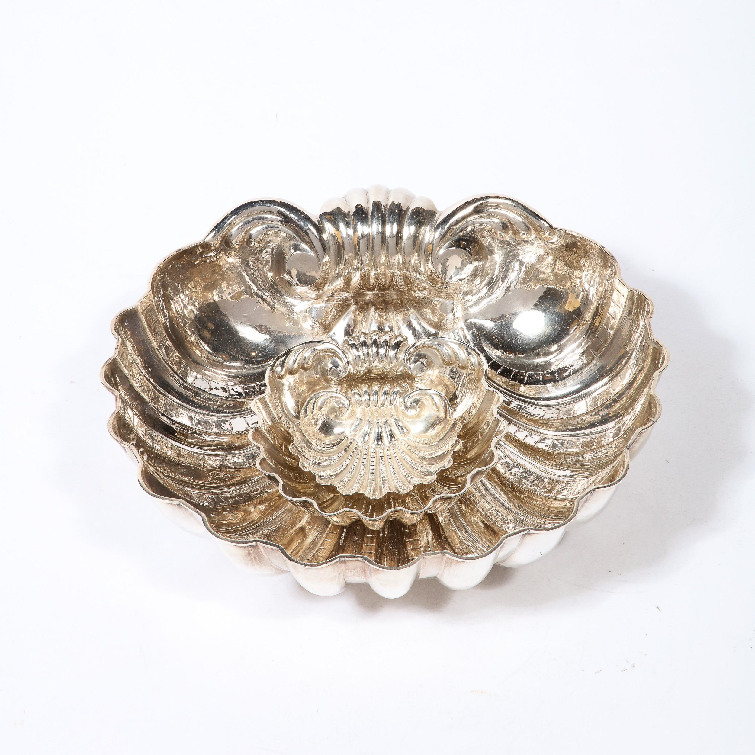 Established in Venice in 1846, Missiaglia is one of the world's premier makers of the finest jewelry objects, as well as a select number of bespoke sterling silver tabletop accessories. This handwrought set of three scallop form decorative bowls