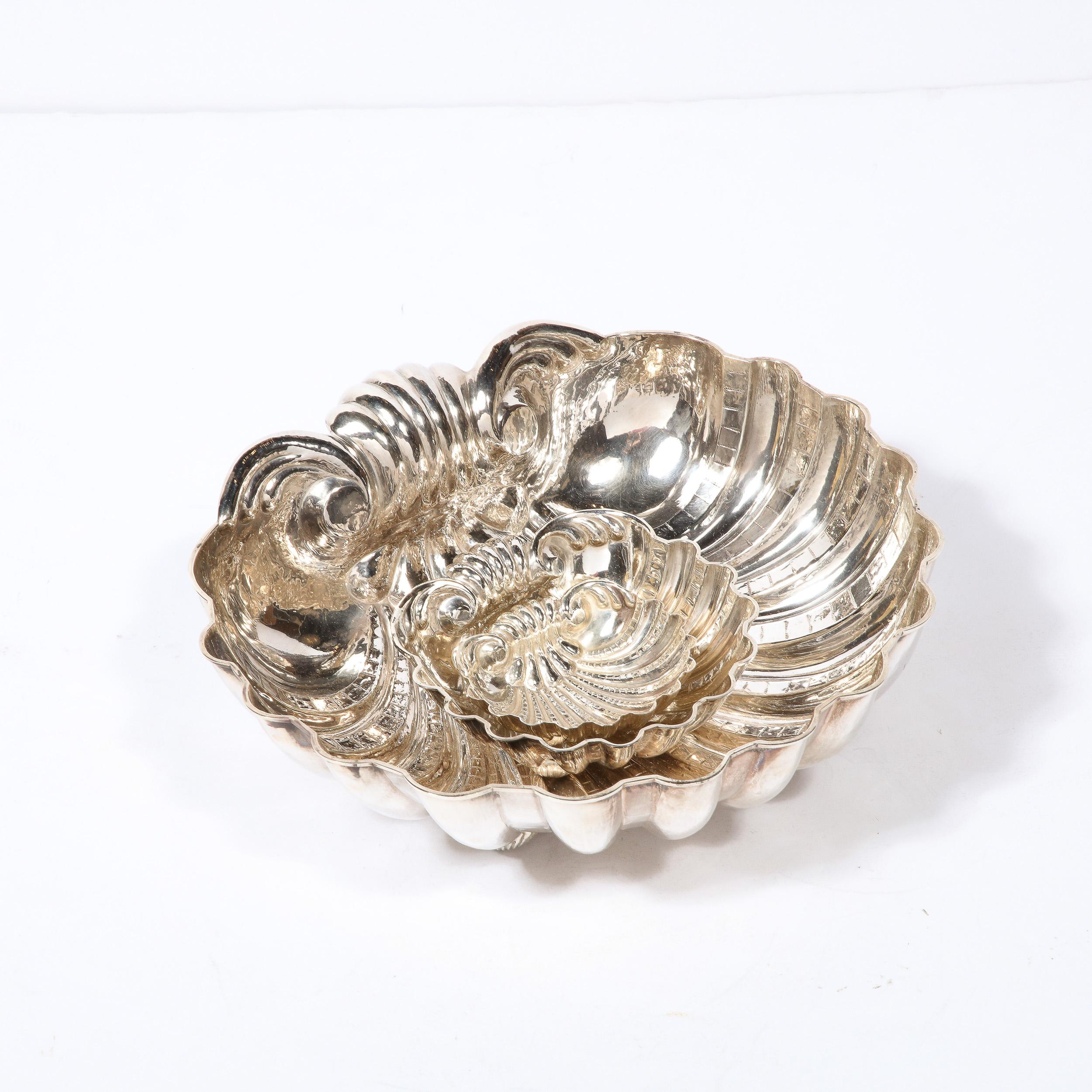 Mid-Century Modern Three Hand-Wrought Sterling Silver Scallop Form Bowls Signed by Missiaglia For Sale