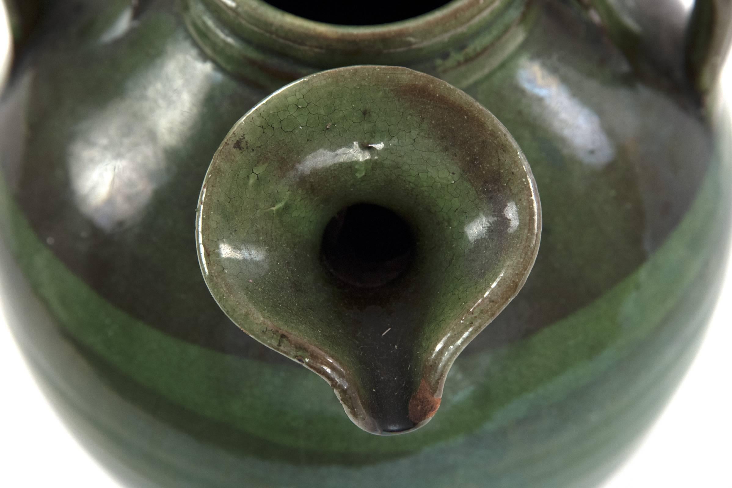 Three-handled French Green Baluster Jug with Spout In Good Condition For Sale In Salt Lake City, UT