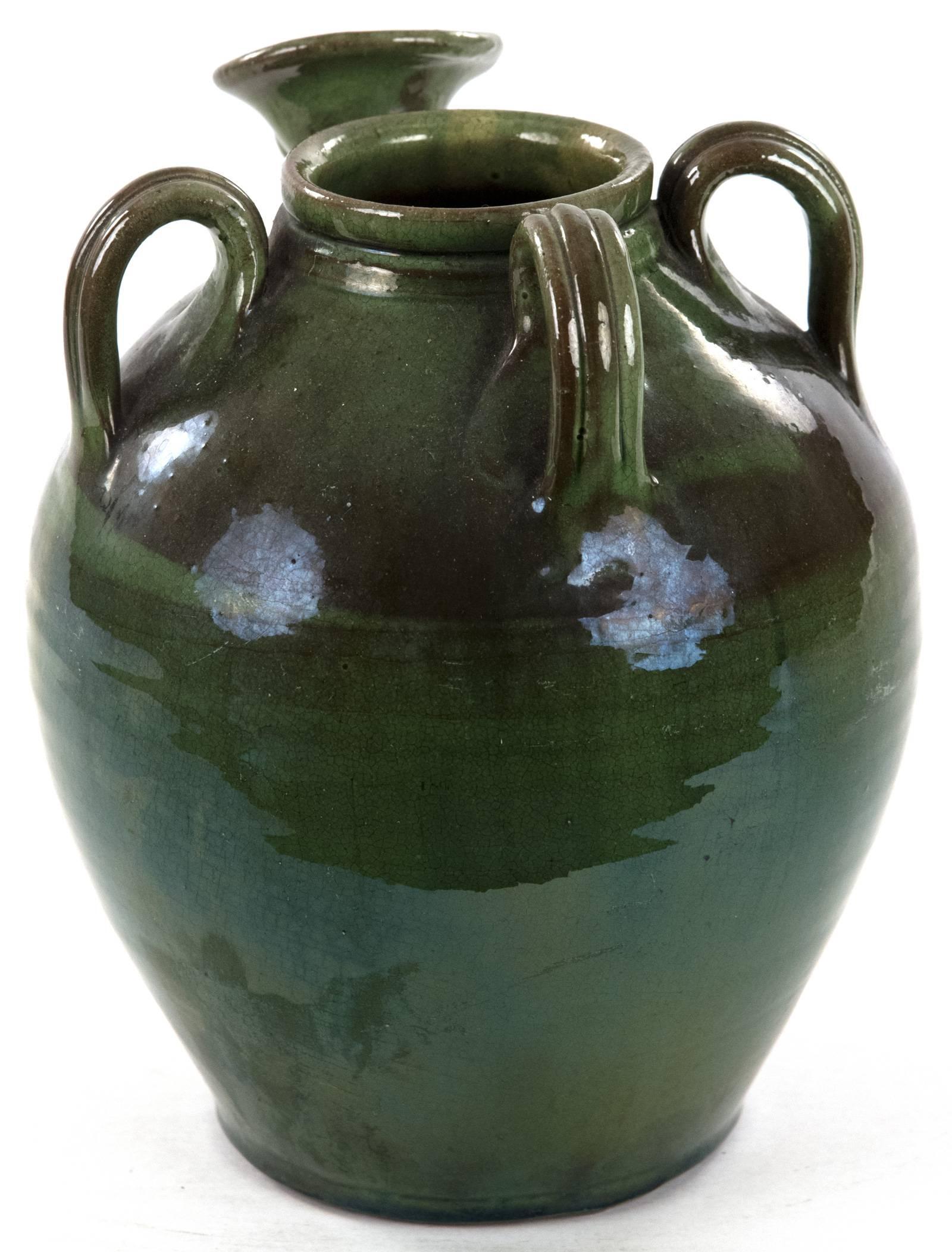 19th Century Three-handled French Green Baluster Jug with Spout For Sale