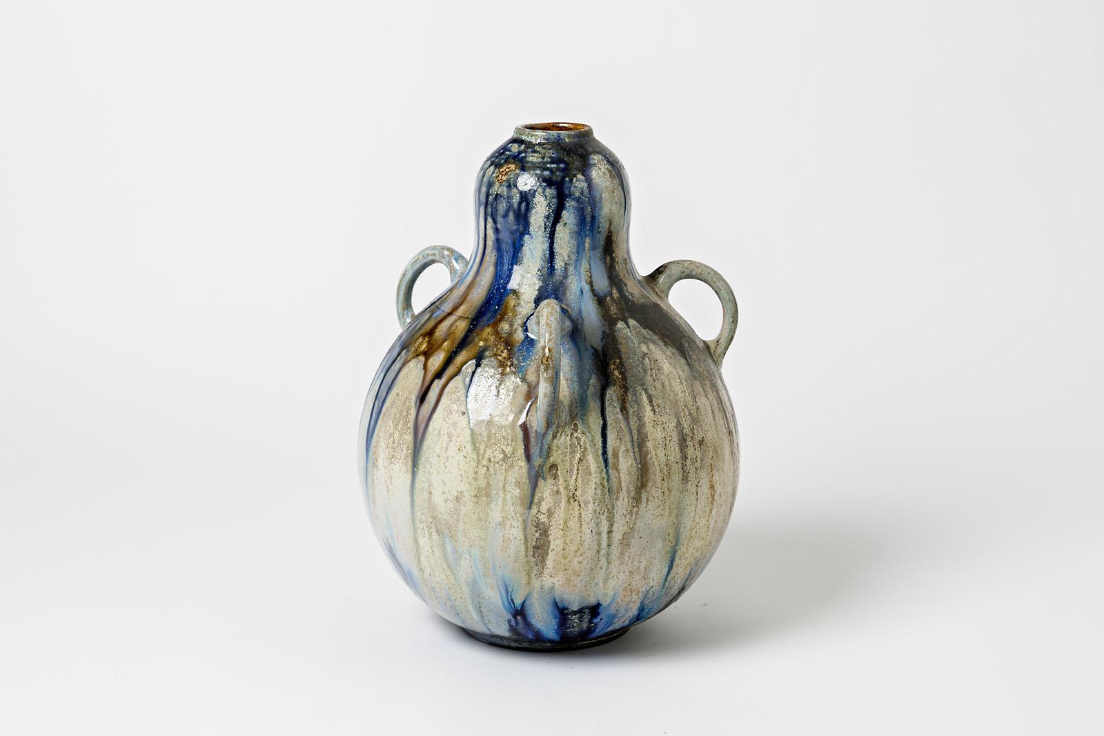 Beaux Arts Three-handled glazed stoneware coloquint vase by Roger Guérin, circa 1930-1940. For Sale
