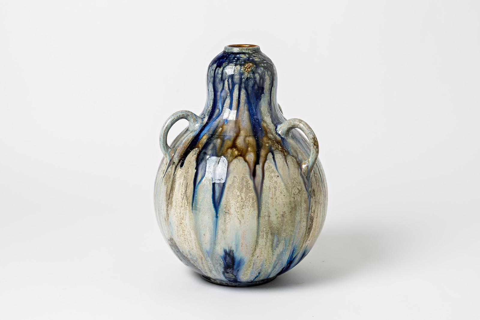 French Three-handled glazed stoneware coloquint vase by Roger Guérin, circa 1930-1940. For Sale