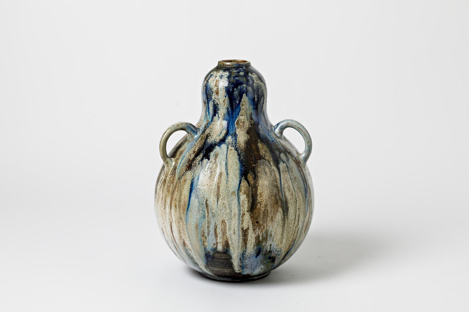 20th Century Three-handled glazed stoneware coloquint vase by Roger Guérin, circa 1930-1940. For Sale