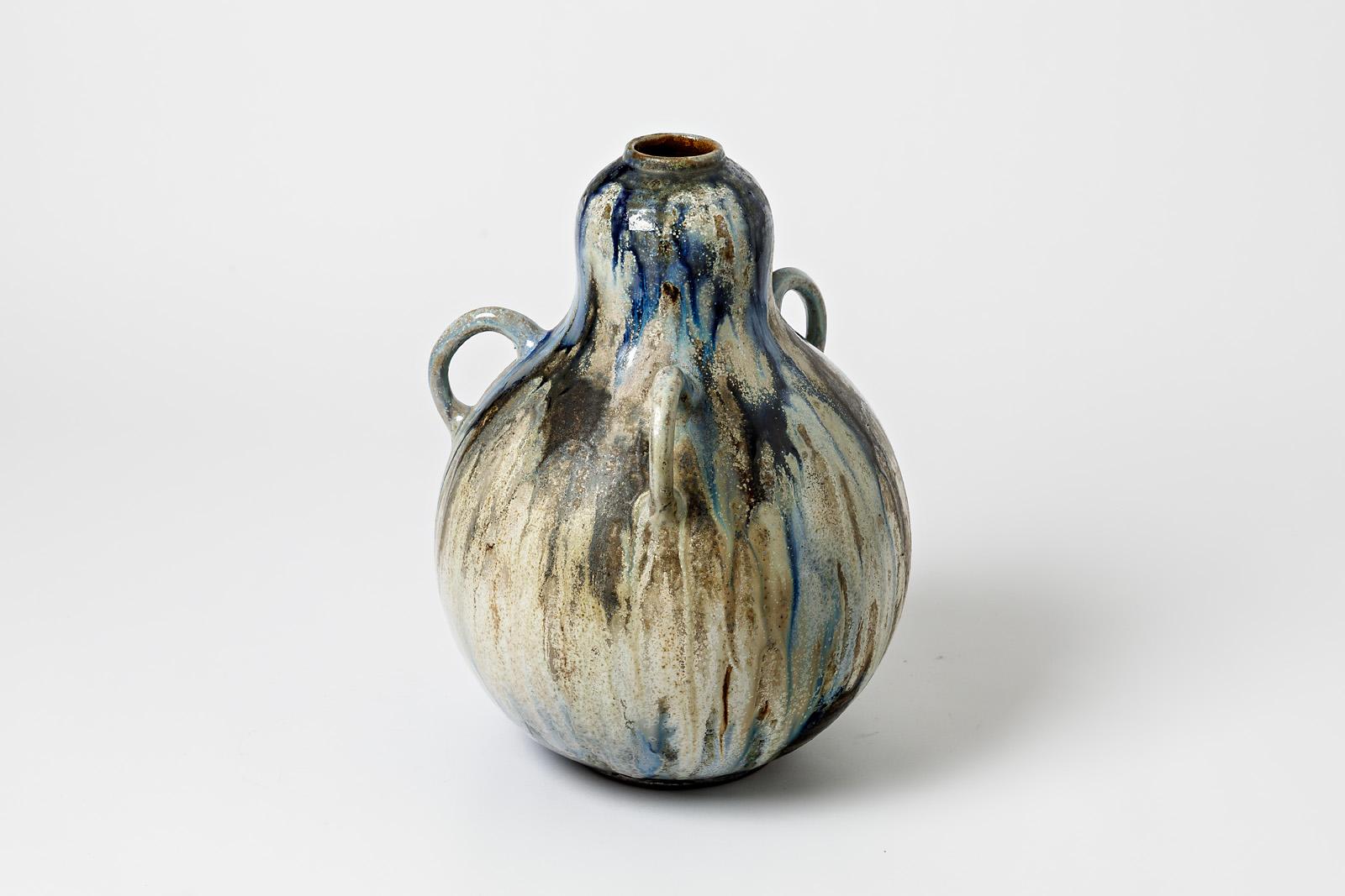 Ceramic Three-handled glazed stoneware coloquint vase by Roger Guérin, circa 1930-1940. For Sale