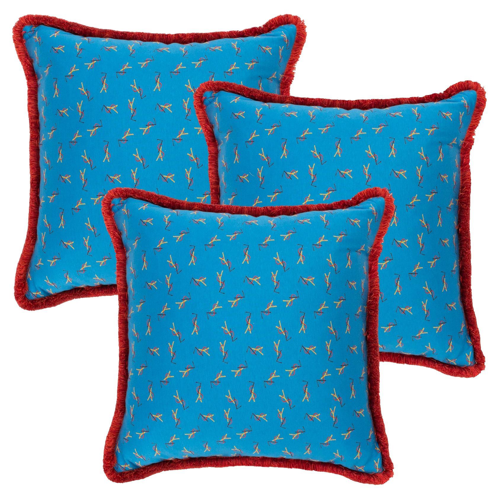 Three Handmade Pillows with YSL Logo Print, Fabric from 1980s For Sale