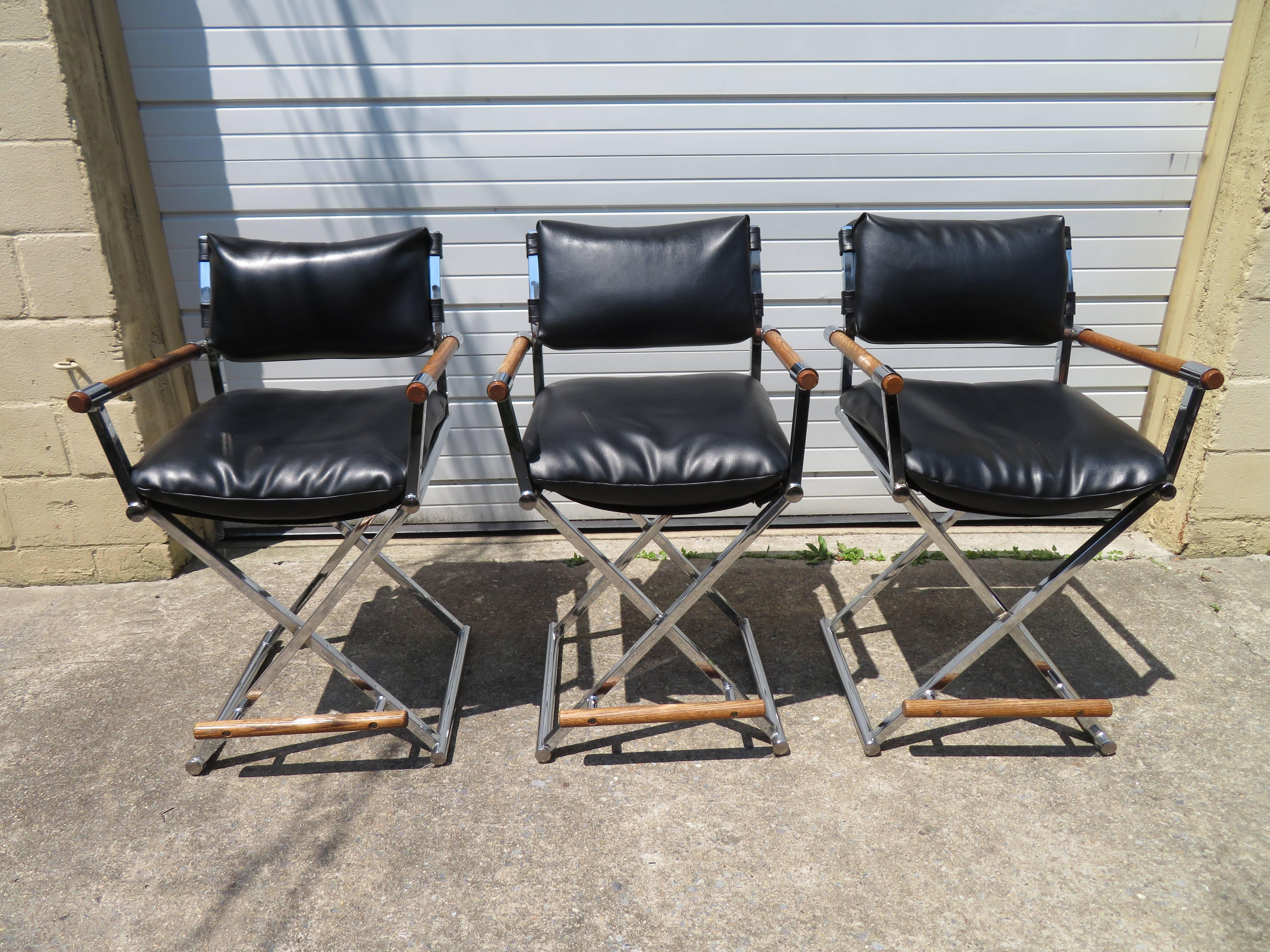 Three Handsome Milo Baughman Style Chrome Directors Chair Bar Stools 2