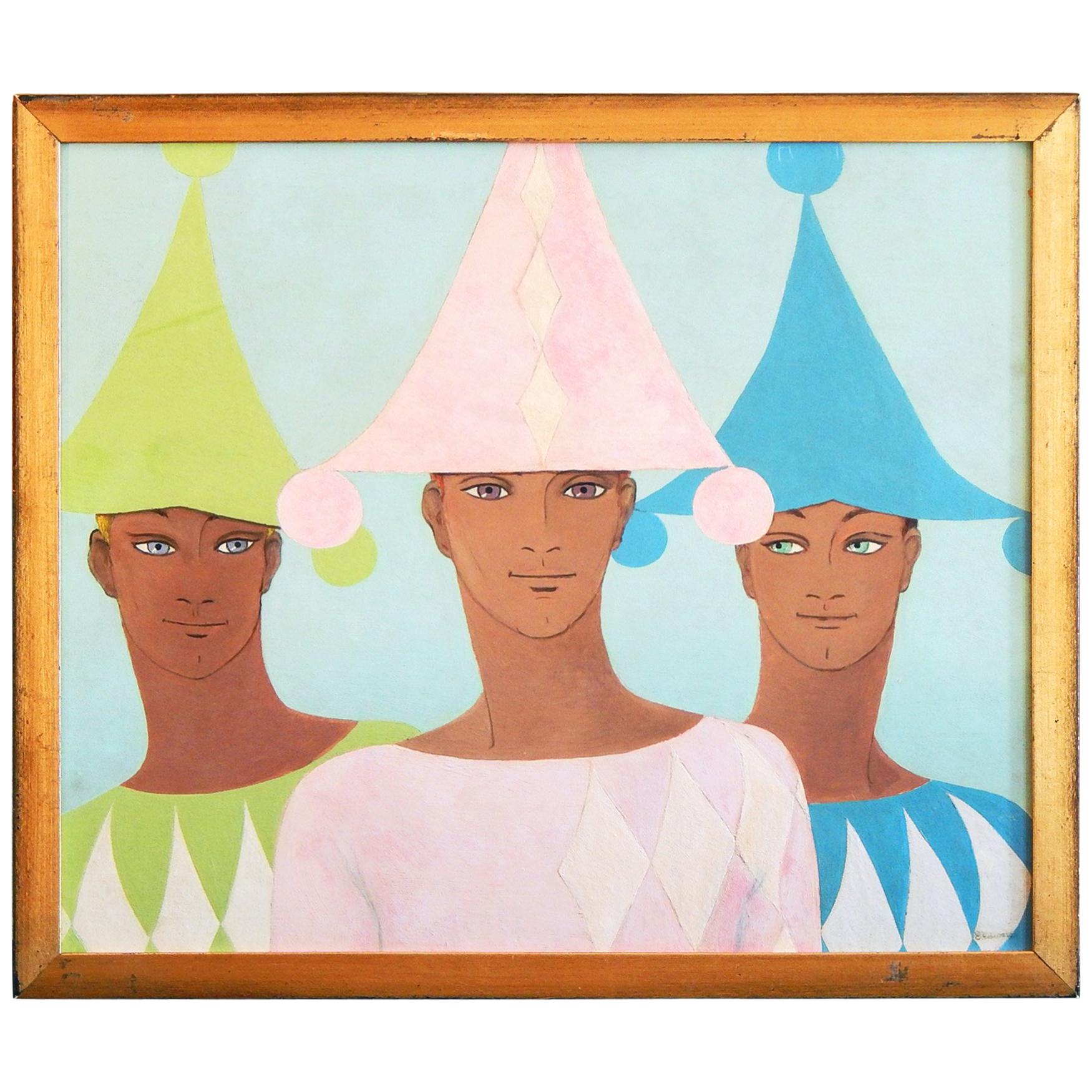 "Three Harlequins, " Midcentury Ptg. with Three Young Men in Pink, Blue & Green