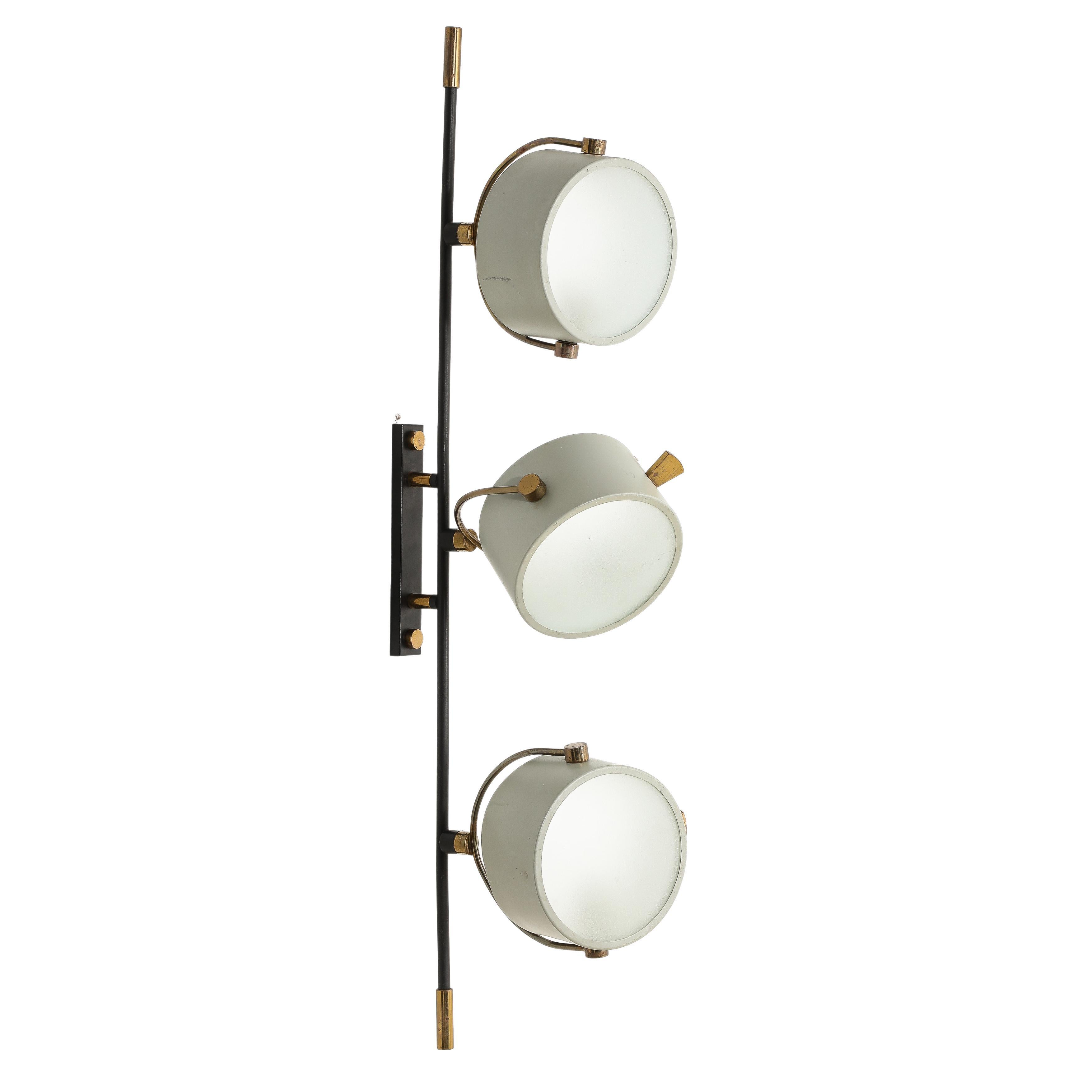 Three Head Articulating Enamel & Brass Single Wall Sconce, Italy 1960’s For Sale