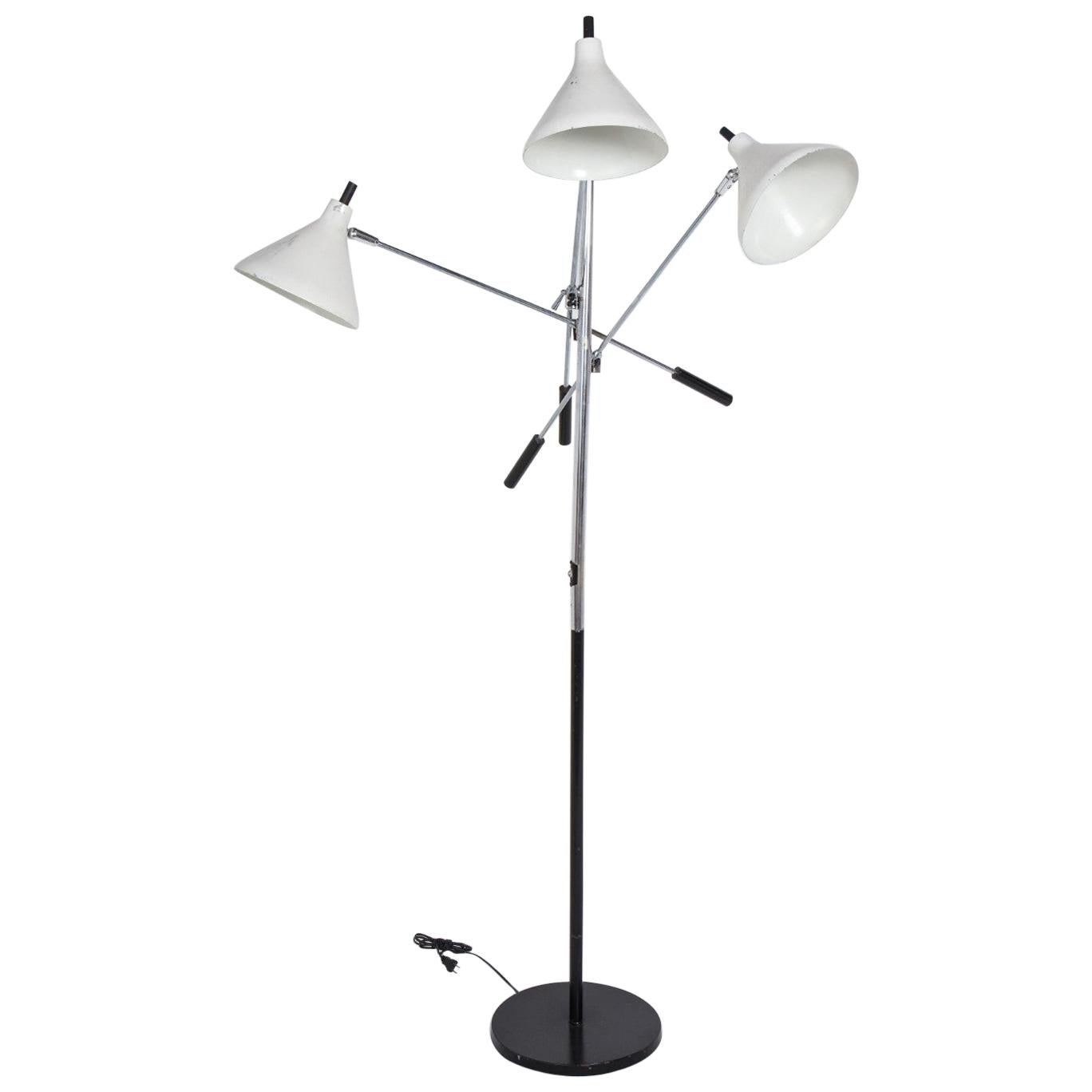 Three-Head White and Chrome Floor Lamp by Underwriters Laboratories, circa 1960 For Sale