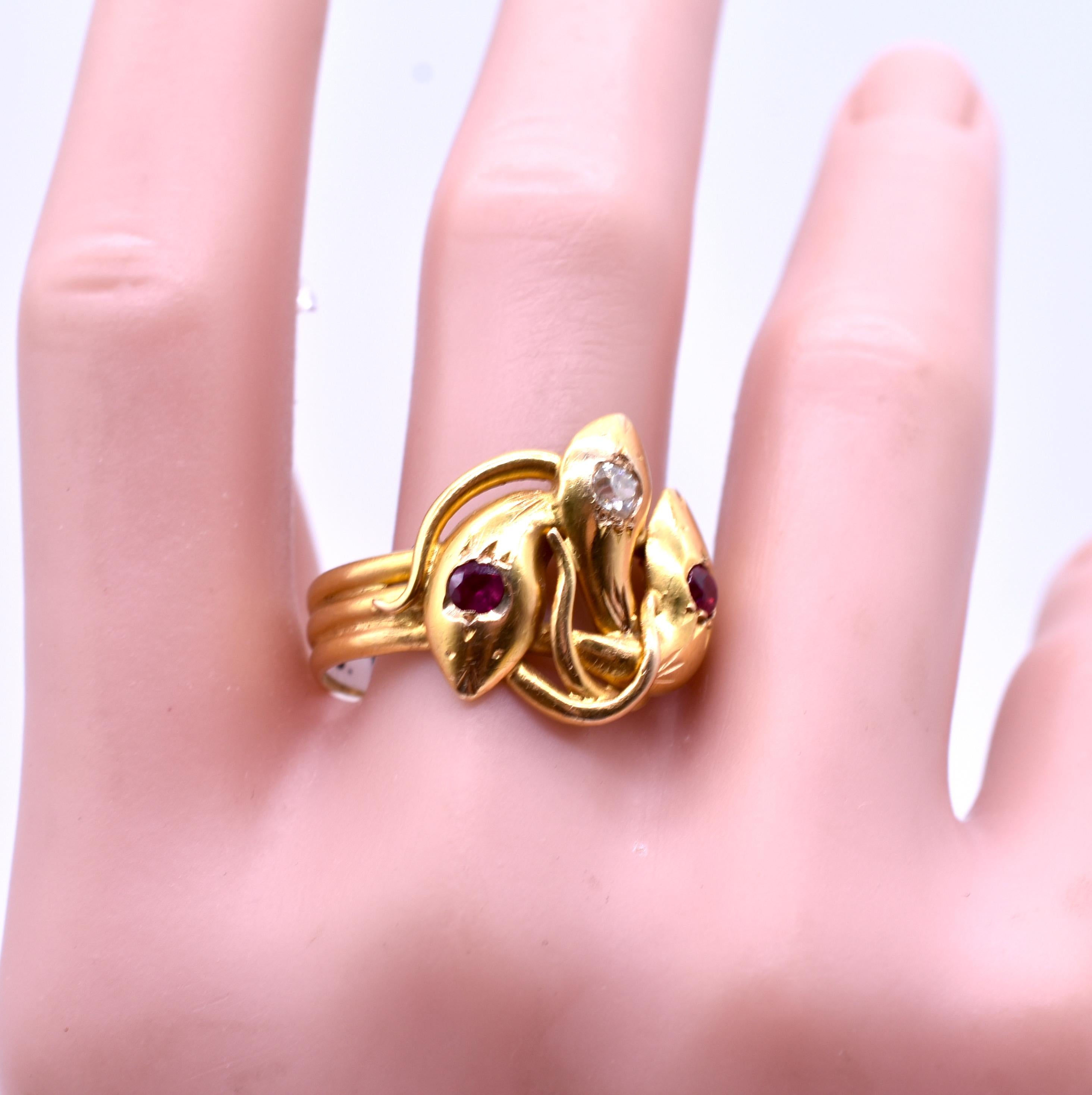 Late Victorian Three Headed Snake Ring with Rubies and Diamonds