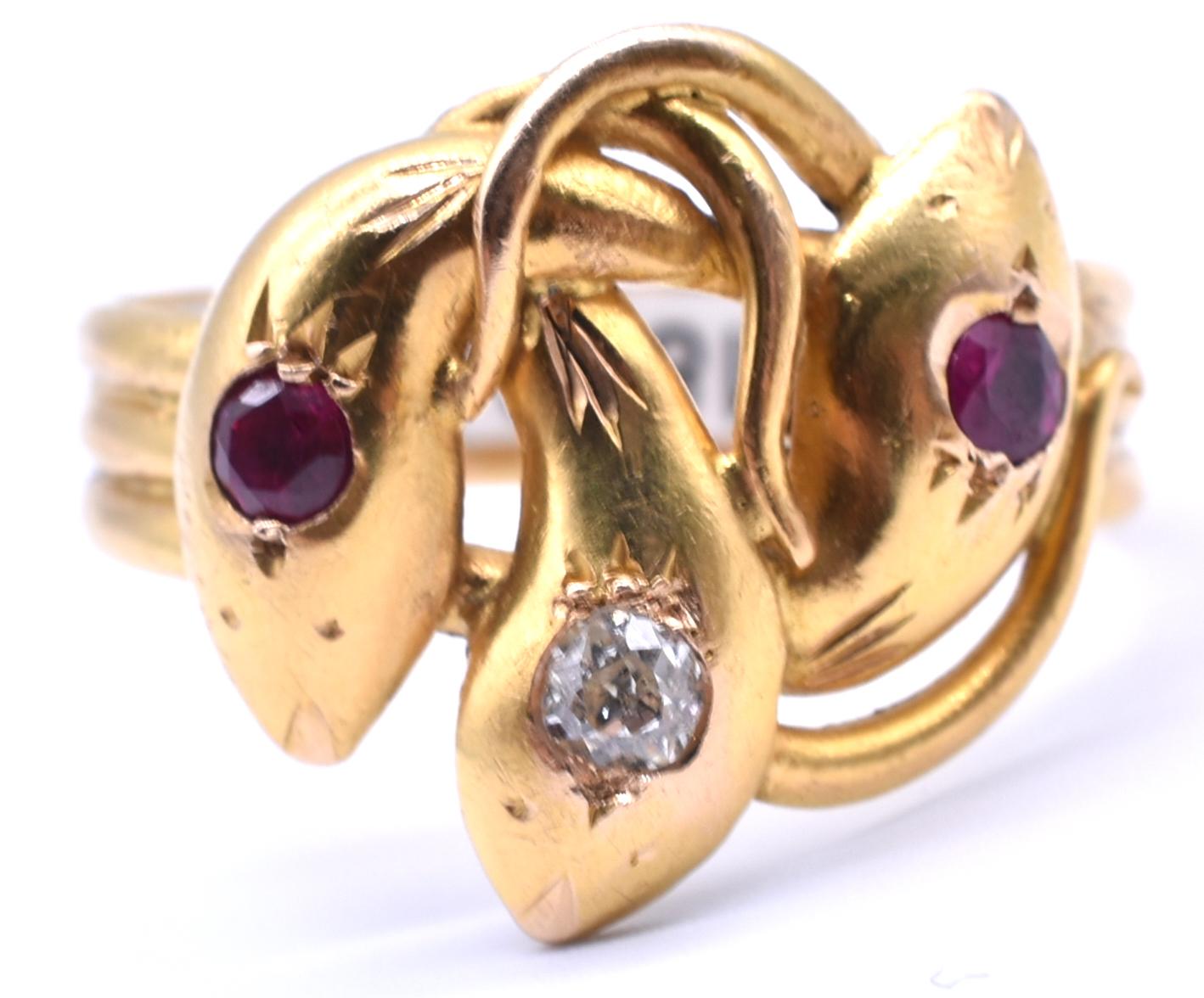 Three Headed Snake Ring with Rubies and Diamonds In Excellent Condition In Baltimore, MD