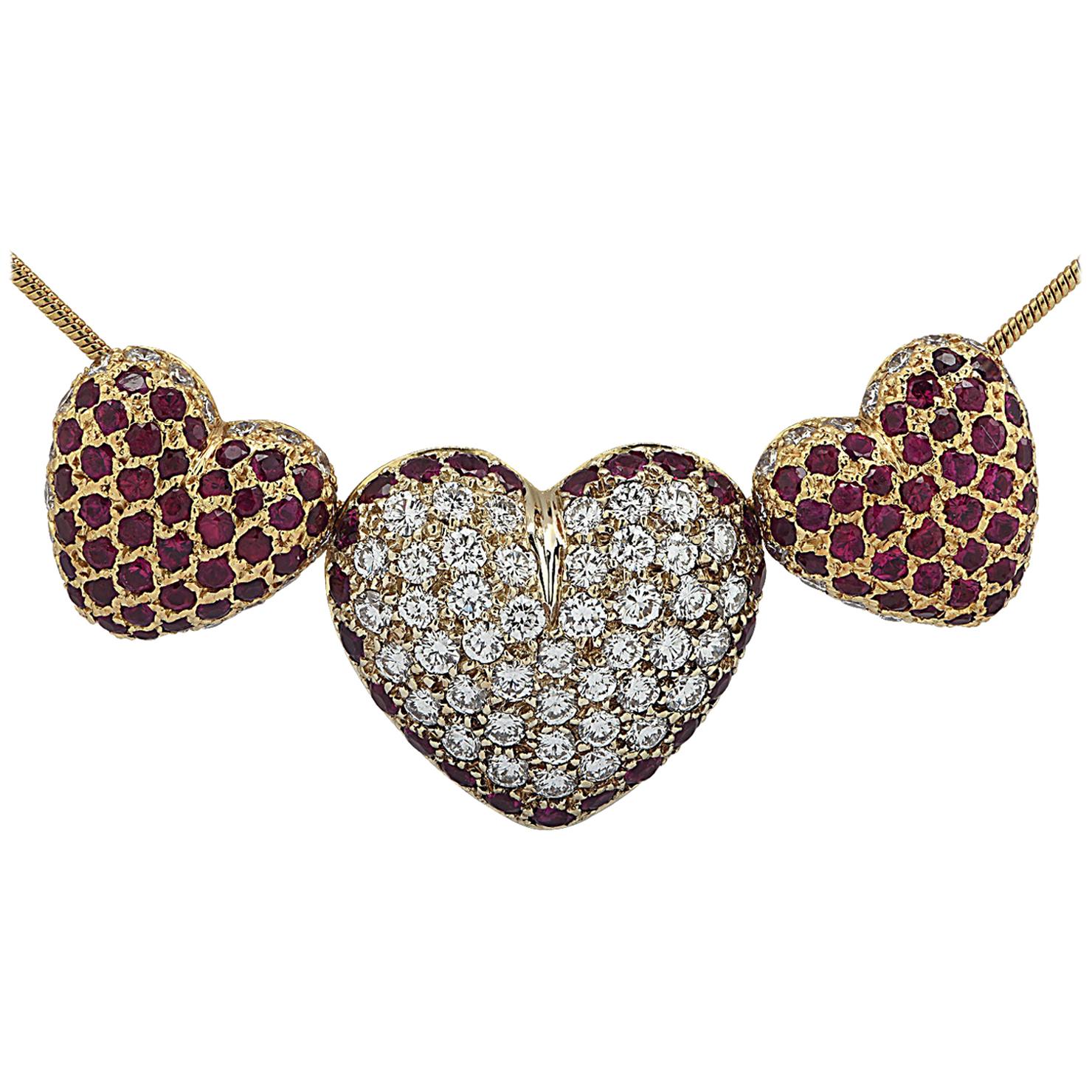 Three Heart Diamond and Ruby Necklace