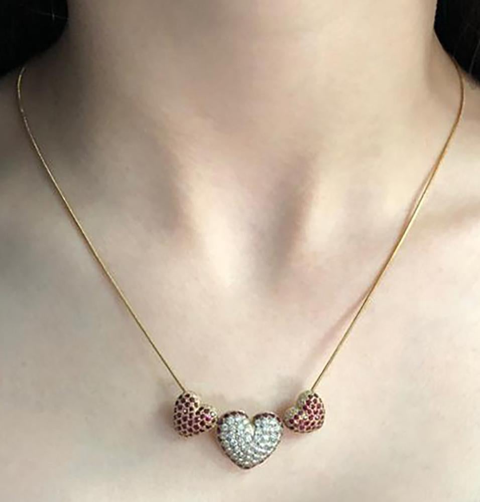 Round Cut Three Heart Diamond and Ruby Necklace