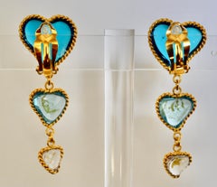 Three Hearts Pate de Verre Clip Earrings