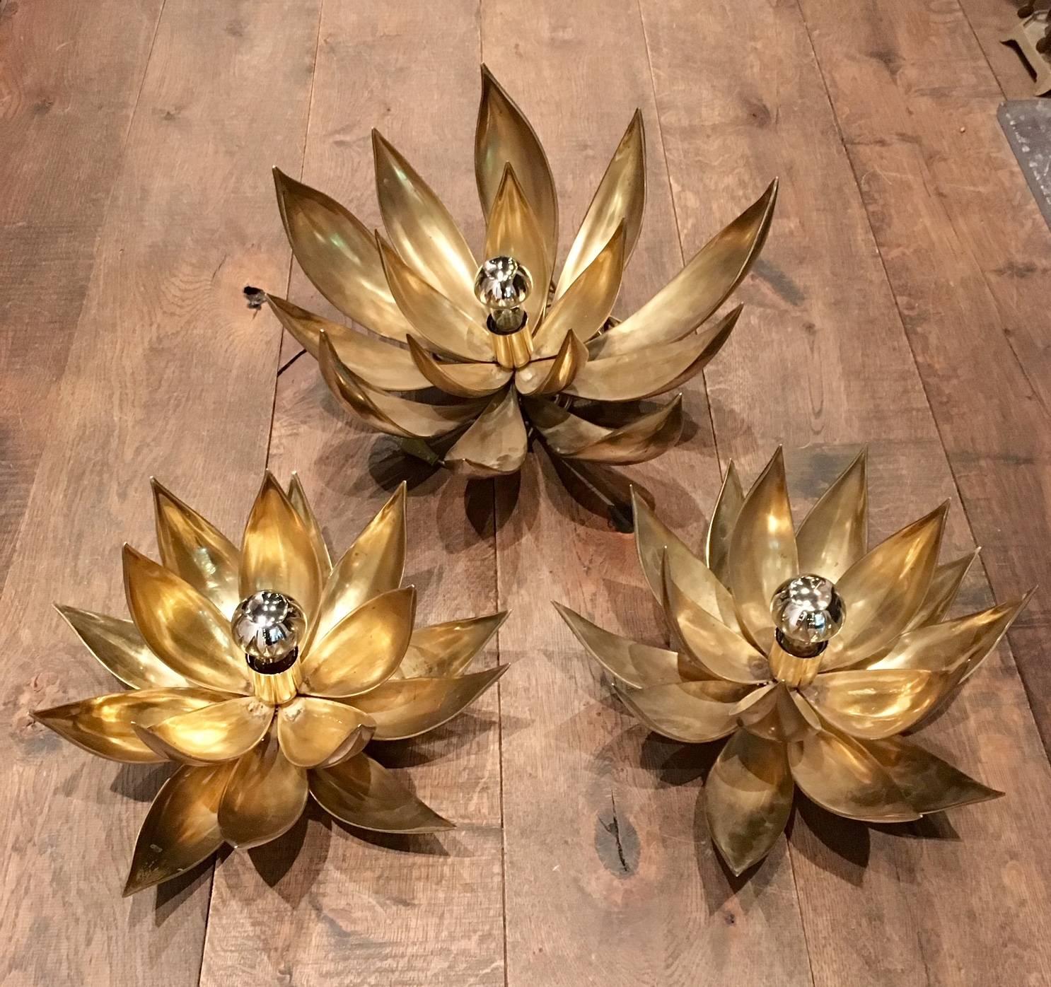 French Three Heavy Brass Flower Wall Lights in Hollywood Regency Style
