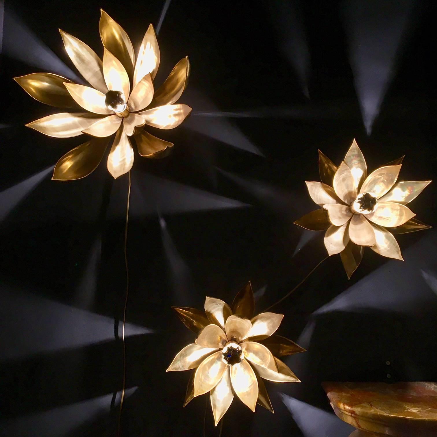 Three Heavy Brass Flower Wall Lights in Hollywood Regency Style 1