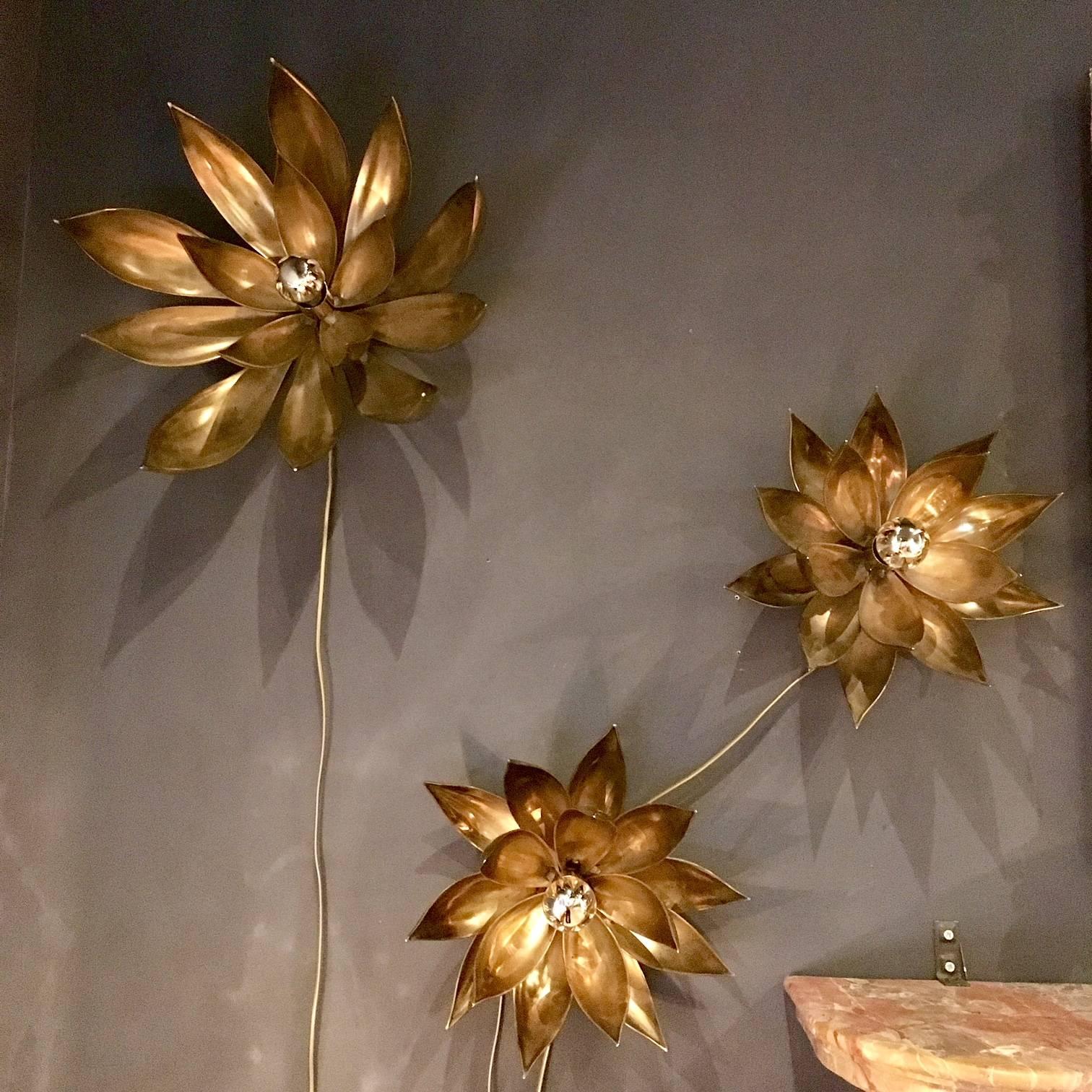 Three Heavy Brass Flower Wall Lights in Hollywood Regency Style 4