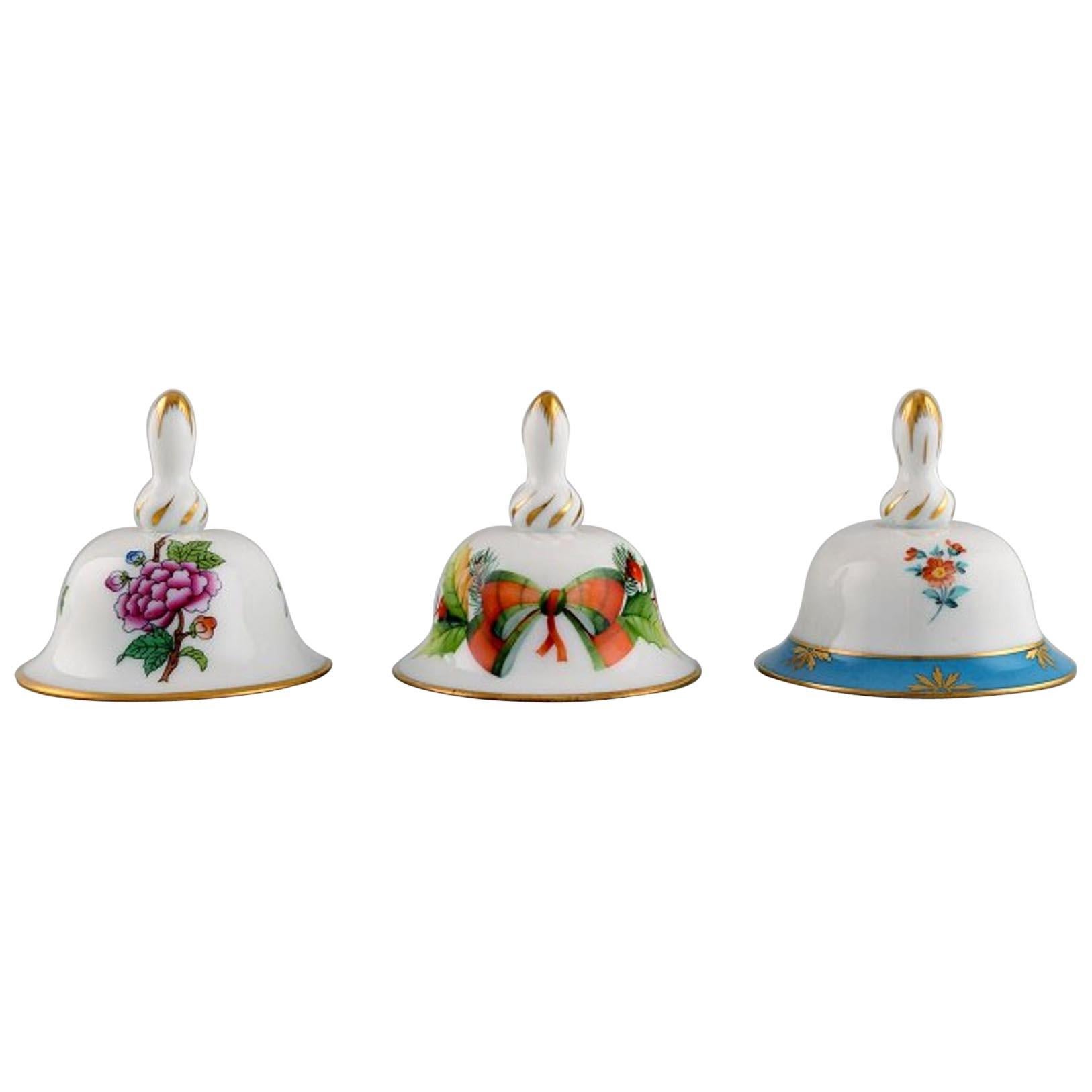 Three Herend Table Bells in Hand-Painted Porcelain with Flowers, 1980's